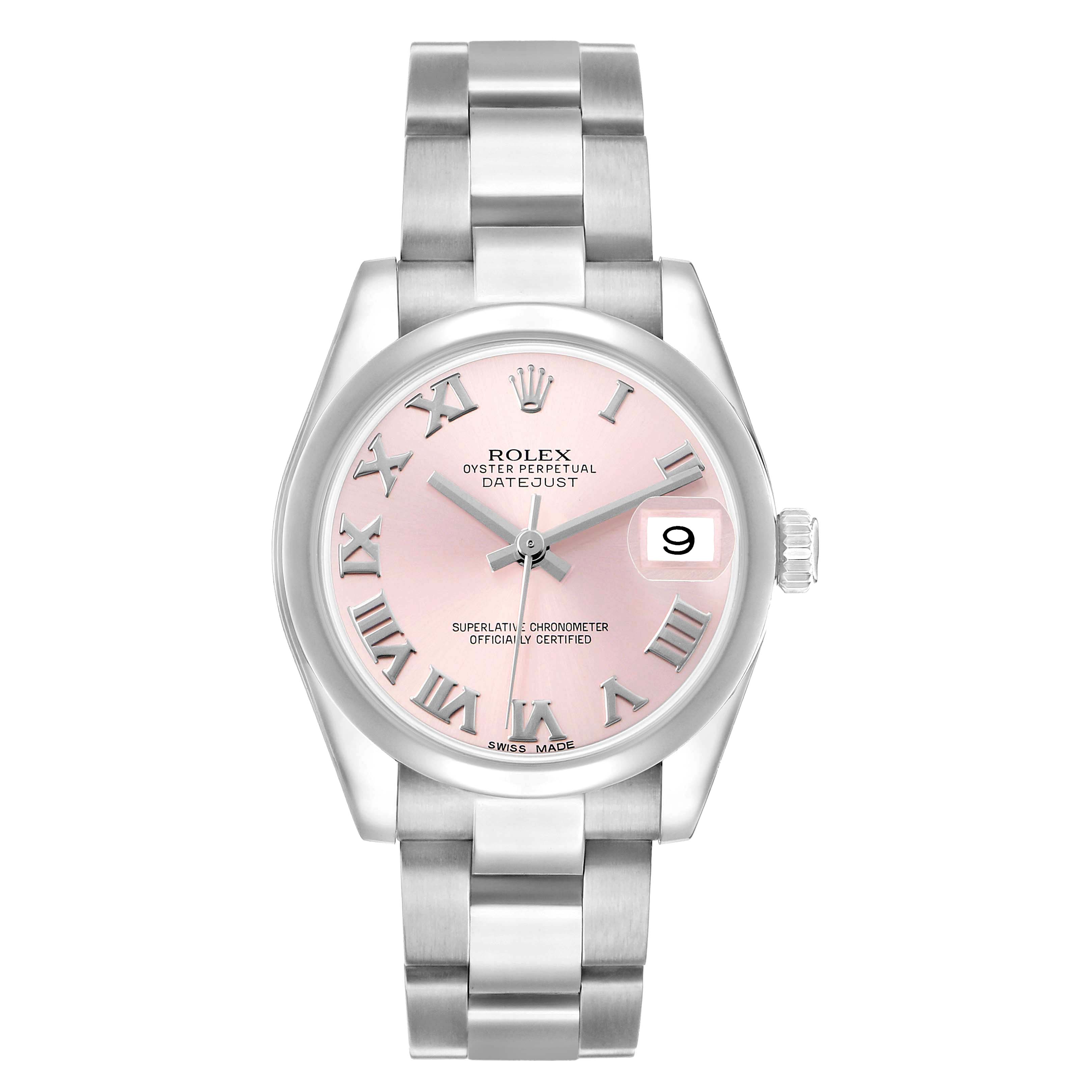 The Rolex Datejust Mid-Size watch is shown from a front angle, highlighting the dial, Roman numerals, and bracelet.