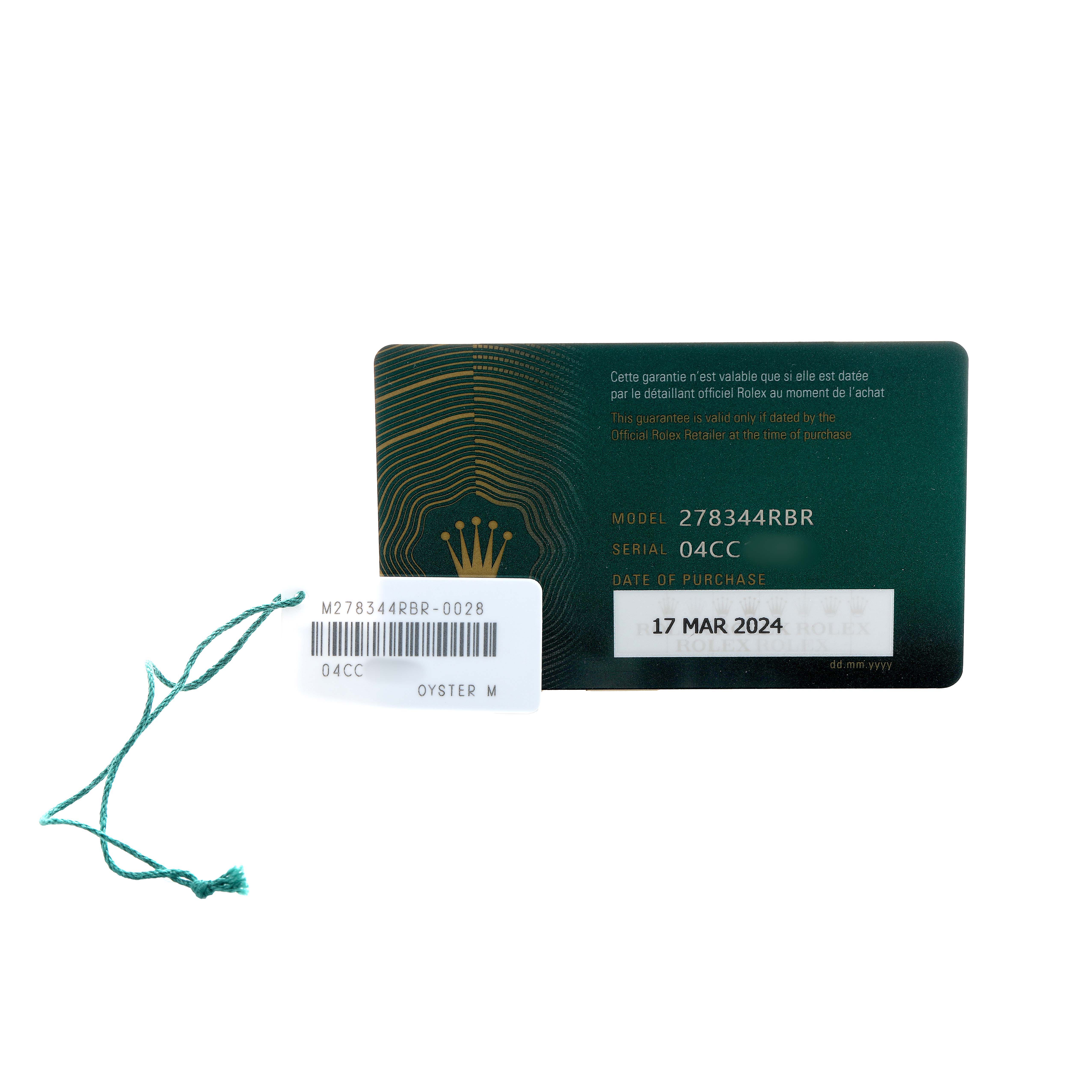 This image shows a Rolex guarantee card and a tag, displaying the model number 278344RBR for a Mid-Size watch.
