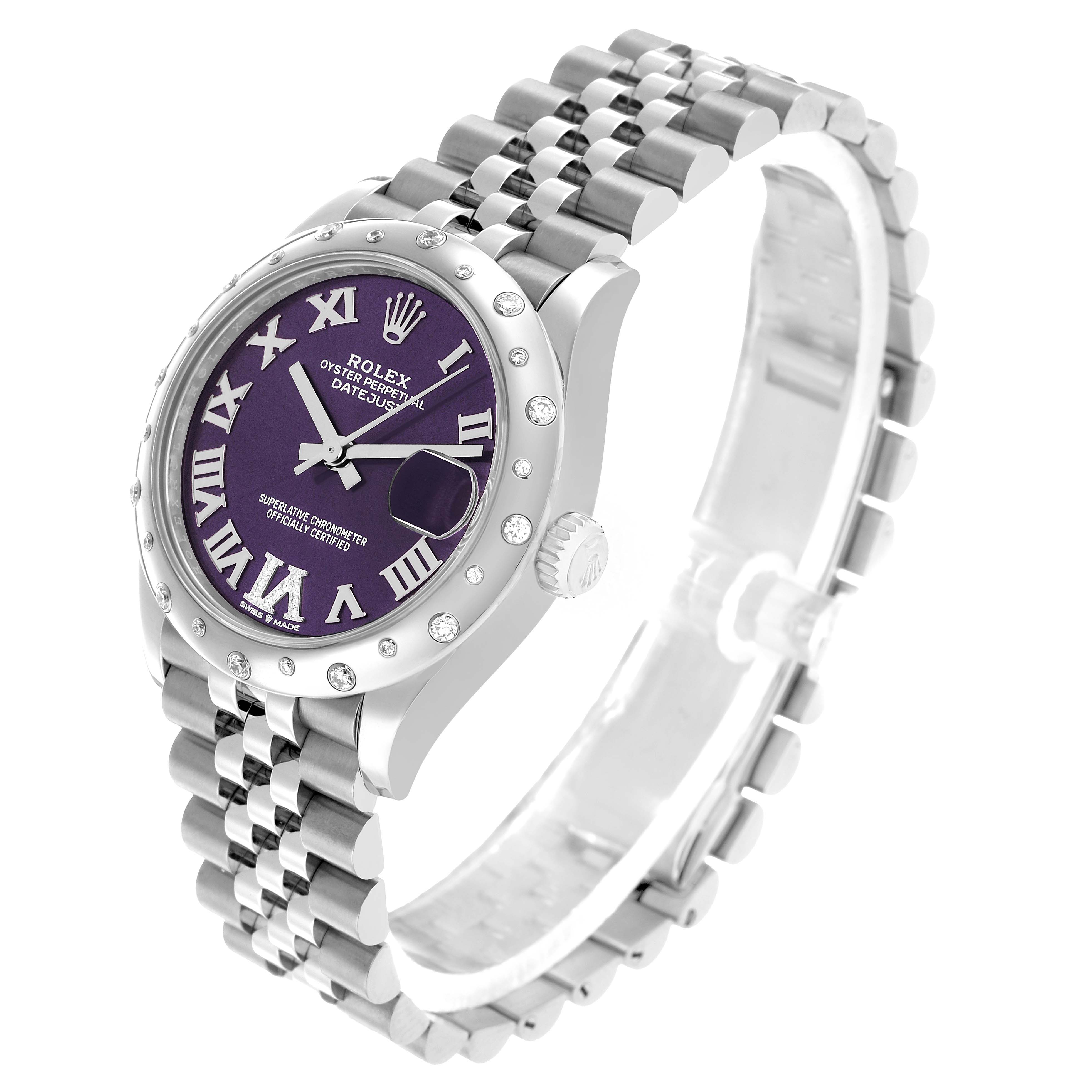 The Rolex Mid-Size 278344 Women's Stainless Steel Purple Dial watch is shown from a three-quarter angle, displaying the face, bezel, crown, and Jubilee bracelet.