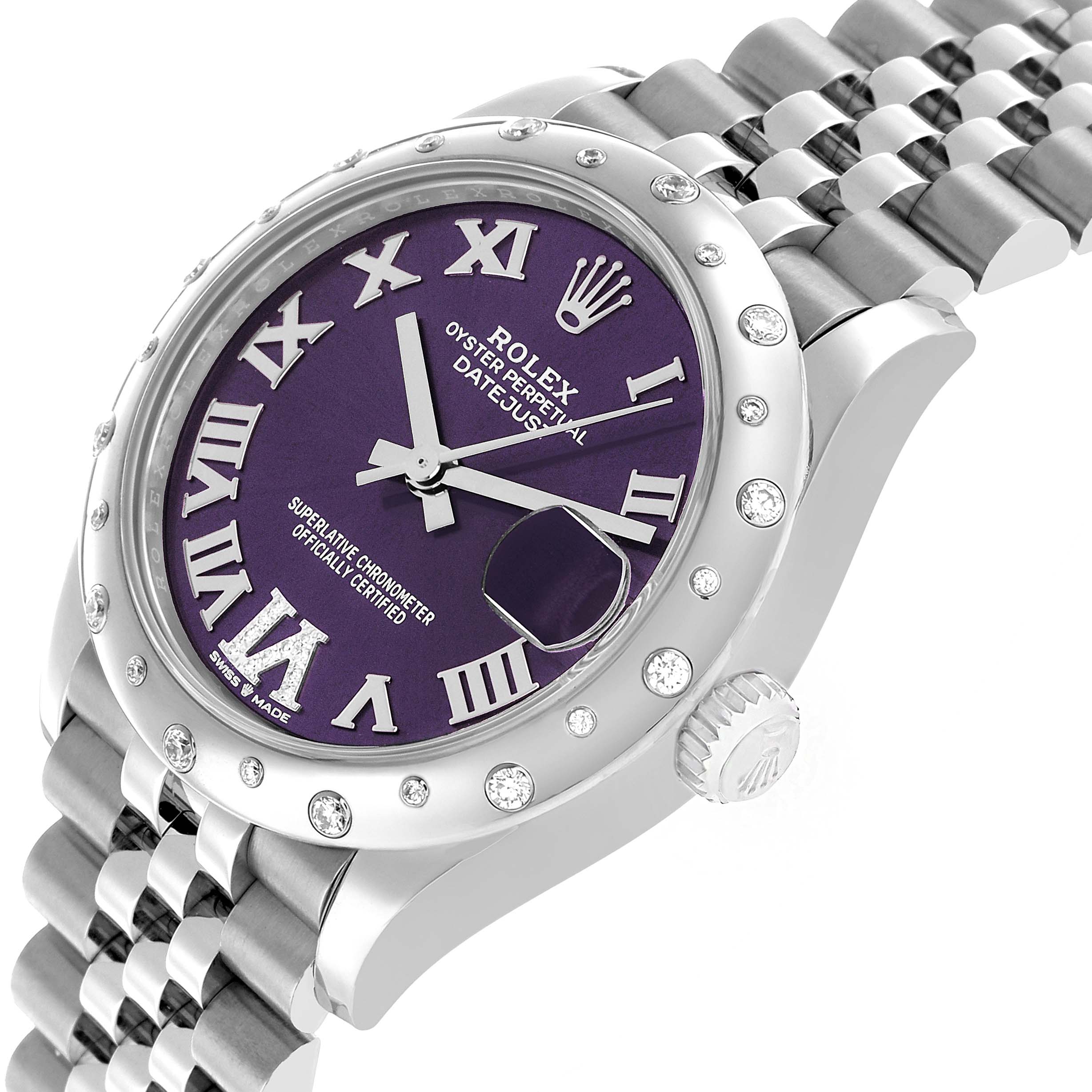 The image shows a Rolex Mid-Size 278344 Women's Stainless Steel Purple Dial watch at an angle highlighting its purple dial, Roman numerals, and Jubilee bracelet.