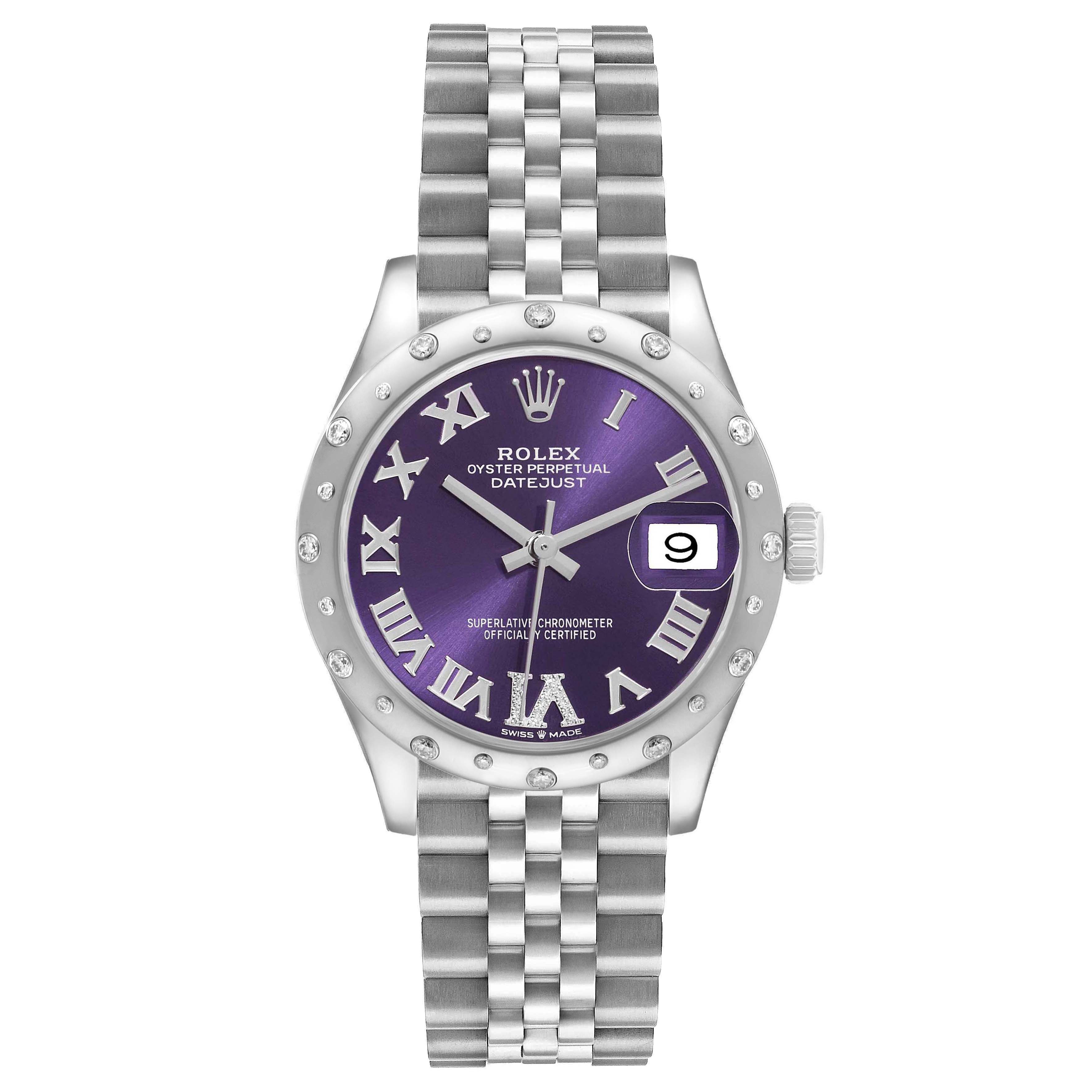 The Rolex Mid-Size 278344 Women's Stainless Steel Purple Dial watch is shown from a top view, highlighting its purple dial, Roman numerals, date feature, and metal bracelet.