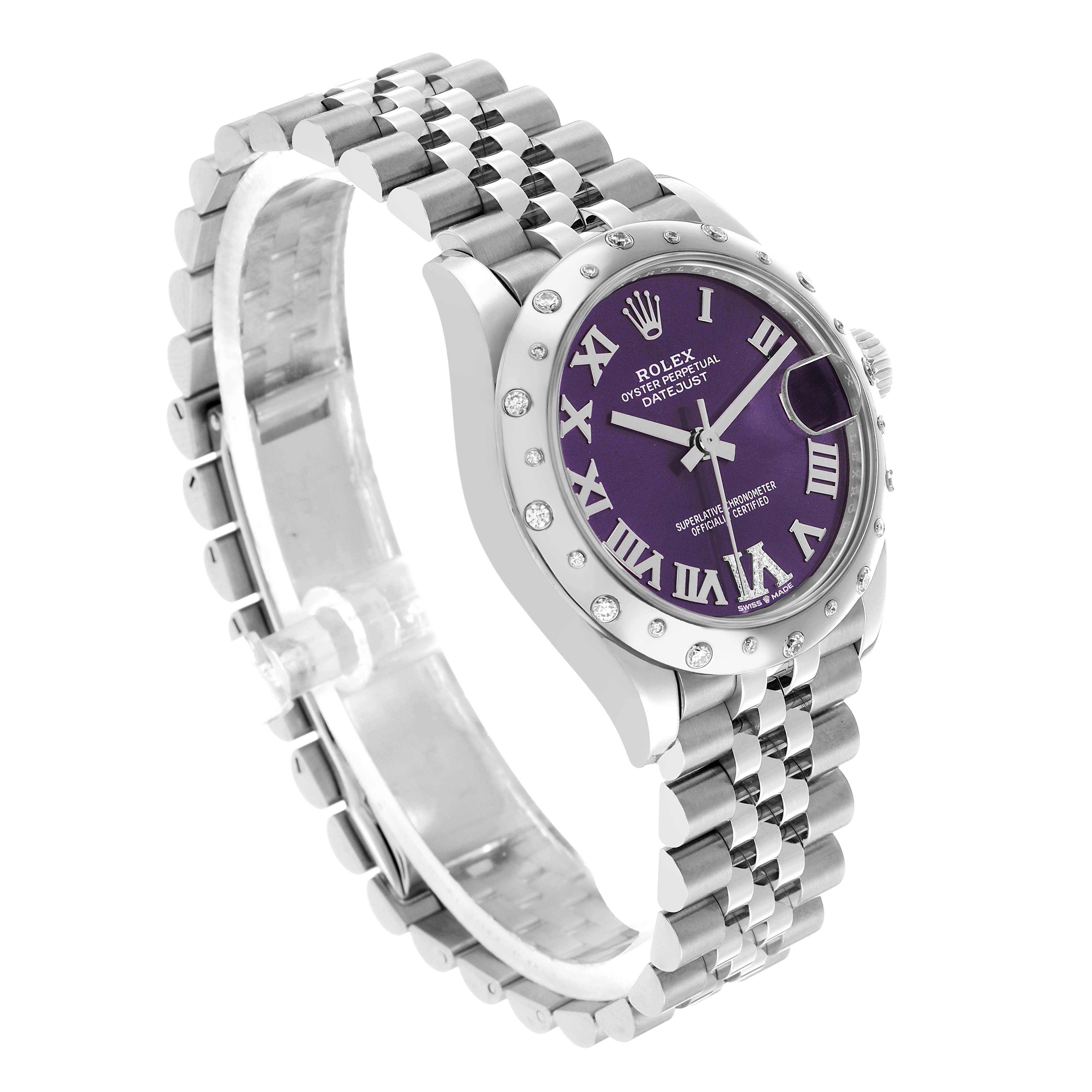 The Rolex Mid-Size 278344 Women's Stainless Steel Purple Dial watch is shown at a three-quarter angle, highlighting the case, bracelet, and purple dial with Roman numerals.