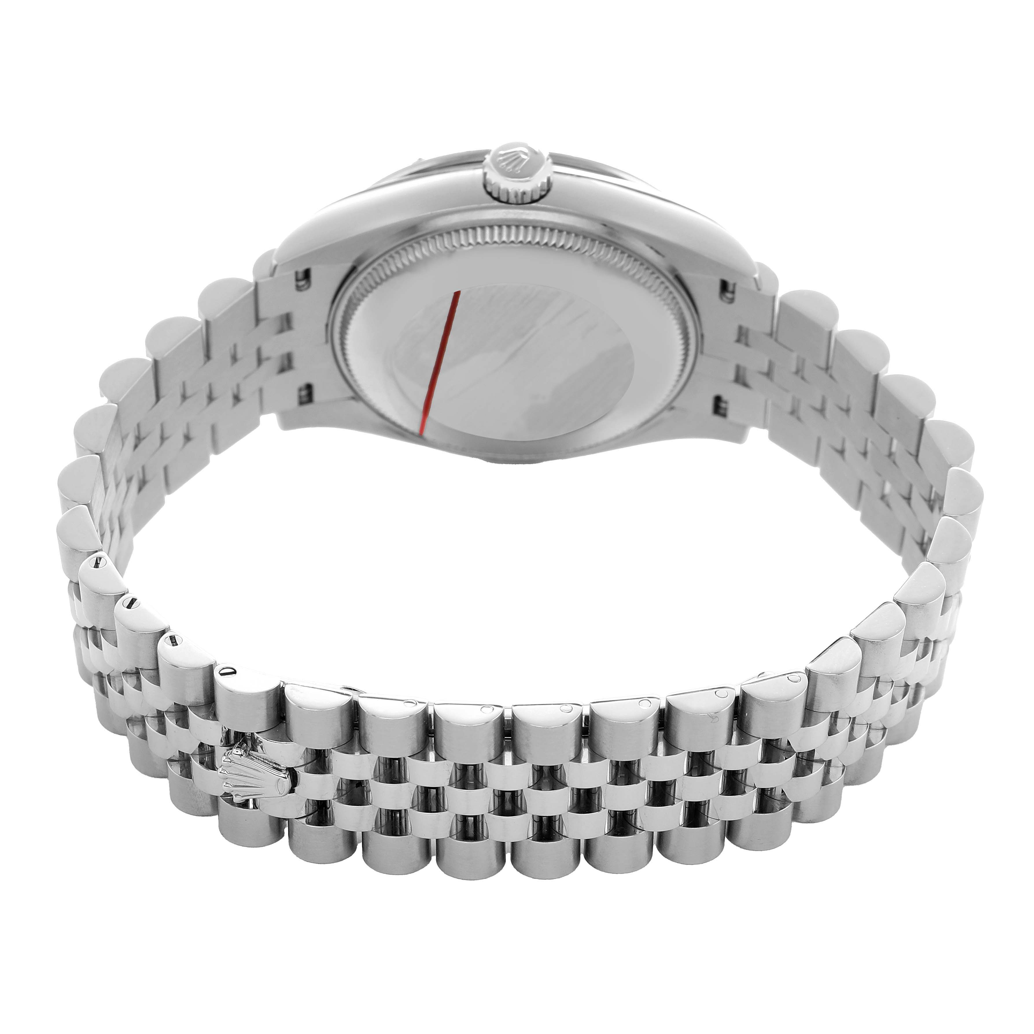 The image shows the back view of a Rolex Mid-Size 278344 Women's Stainless Steel Purple Dial model, focusing on the bracelet and caseback.