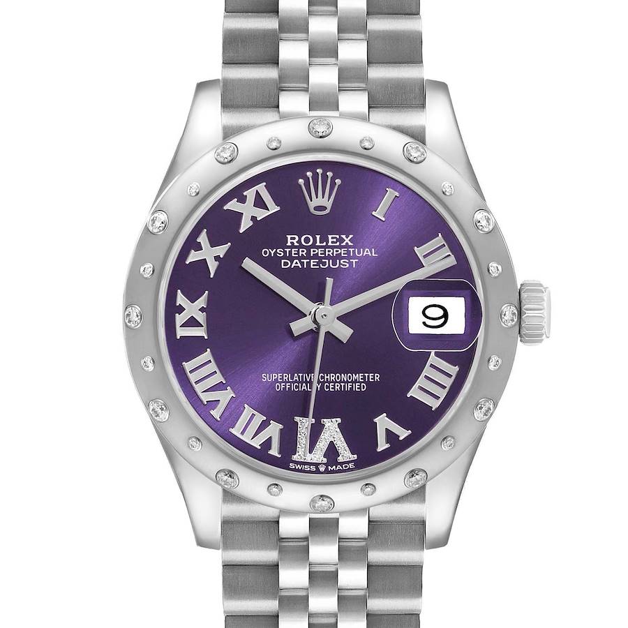 The Rolex Oyster Perpetual Datejust Mid-Size watch is shown from the front, displaying a purple dial, Roman numerals, and a Jubilee bracelet.
