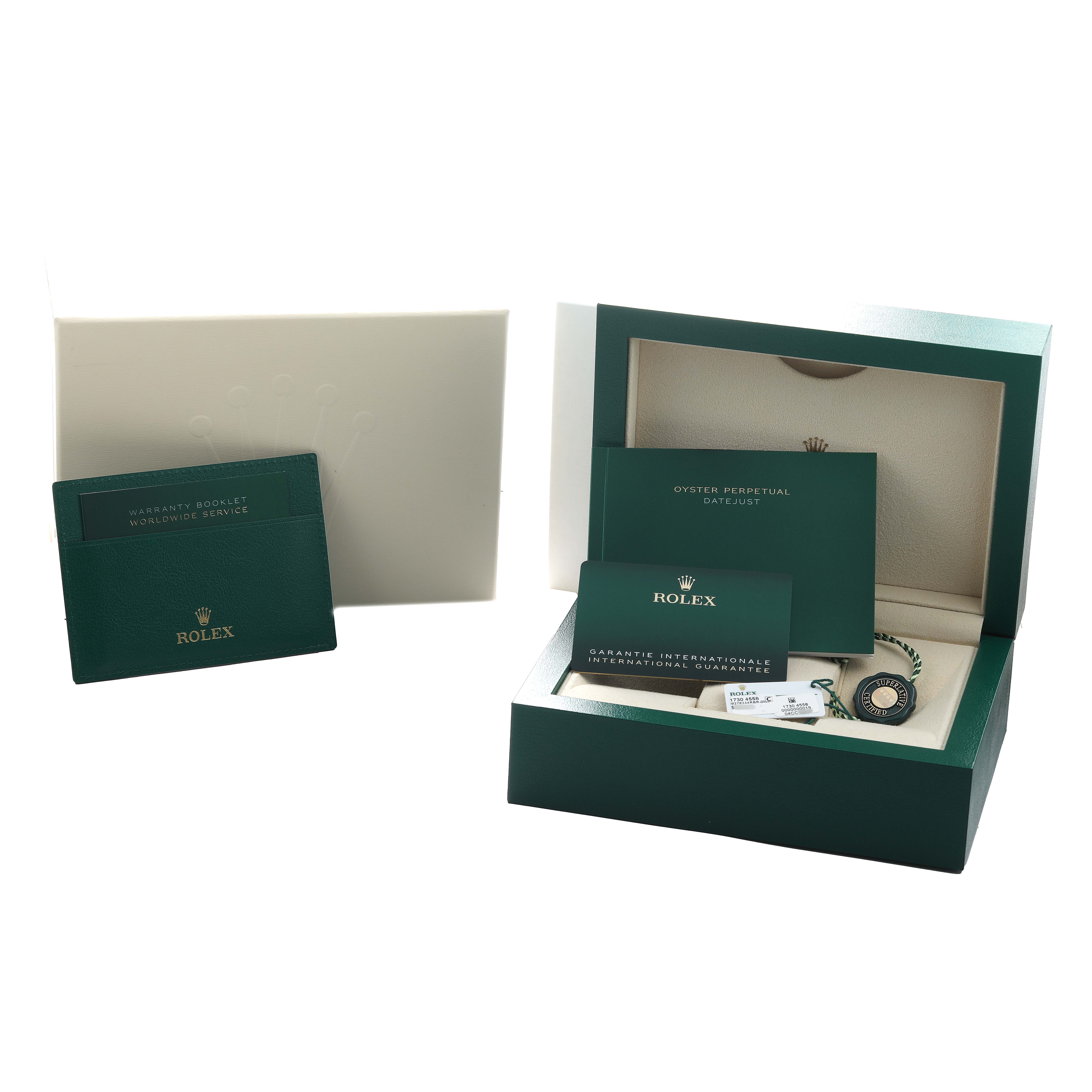 The image shows a Rolex Mid-Size 278344 Women's Stainless Steel Purple Dial model watch box, with warranty booklets and tags included.