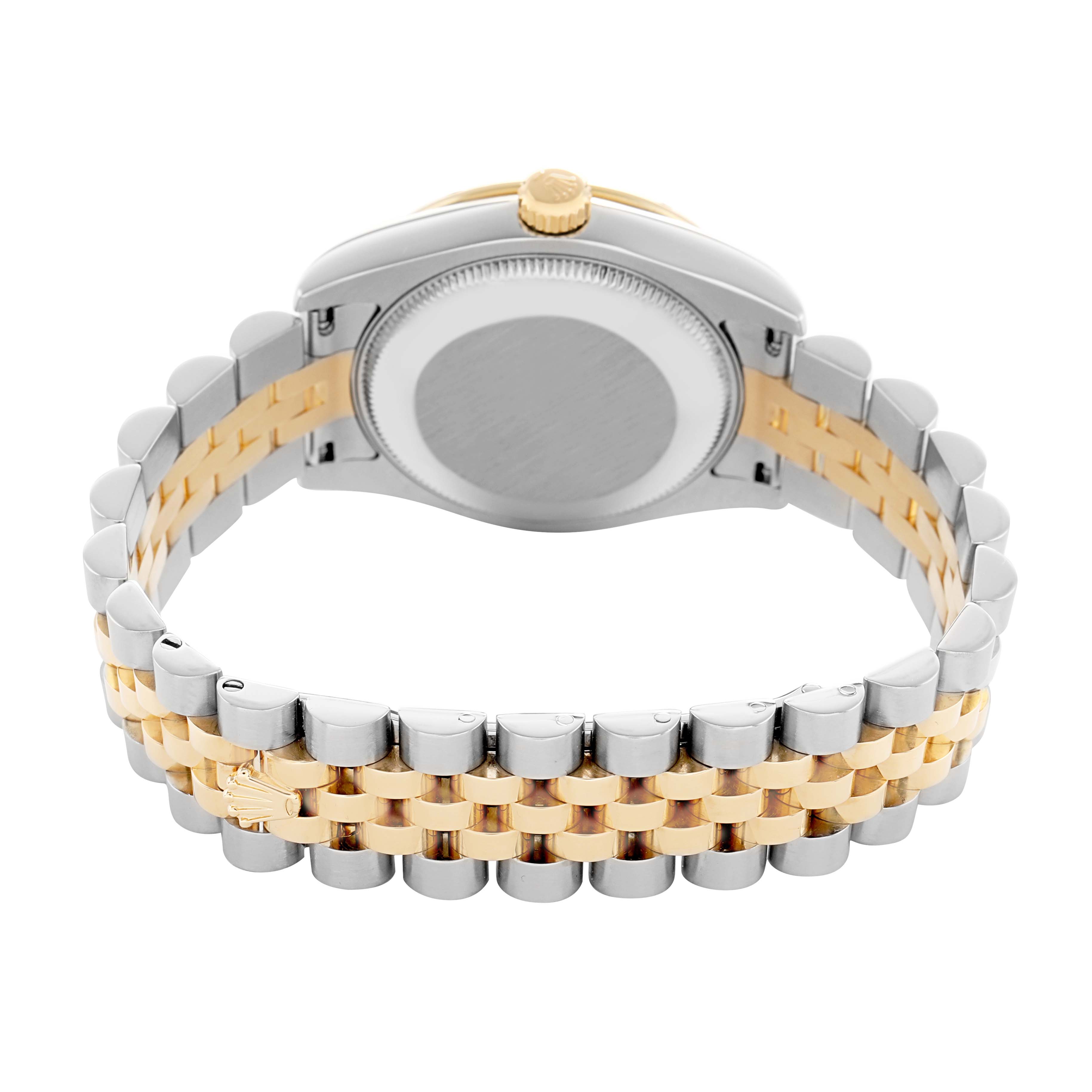 The Rolex Mid-Size 178343 Women's Steel and Gold (two tone) Champagne Dial watch is shown from the back, highlighting the case back, crown, and two-tone bracelet.