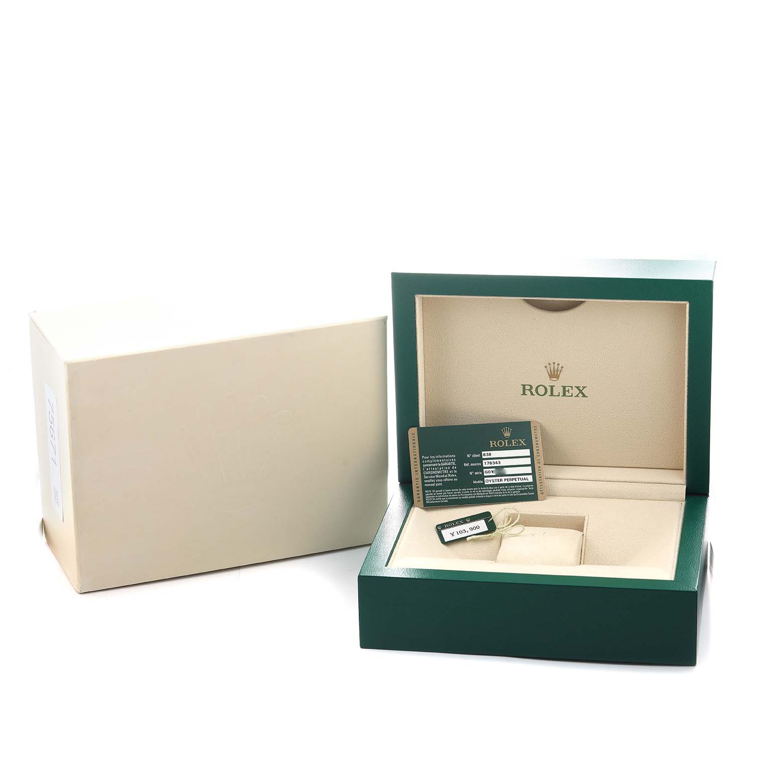 The image shows a Rolex Mid-Size 178343 Women's Steel and Gold (two tone) Champagne Dial model watch box open with a card and tag inside, viewed from an angled perspective.