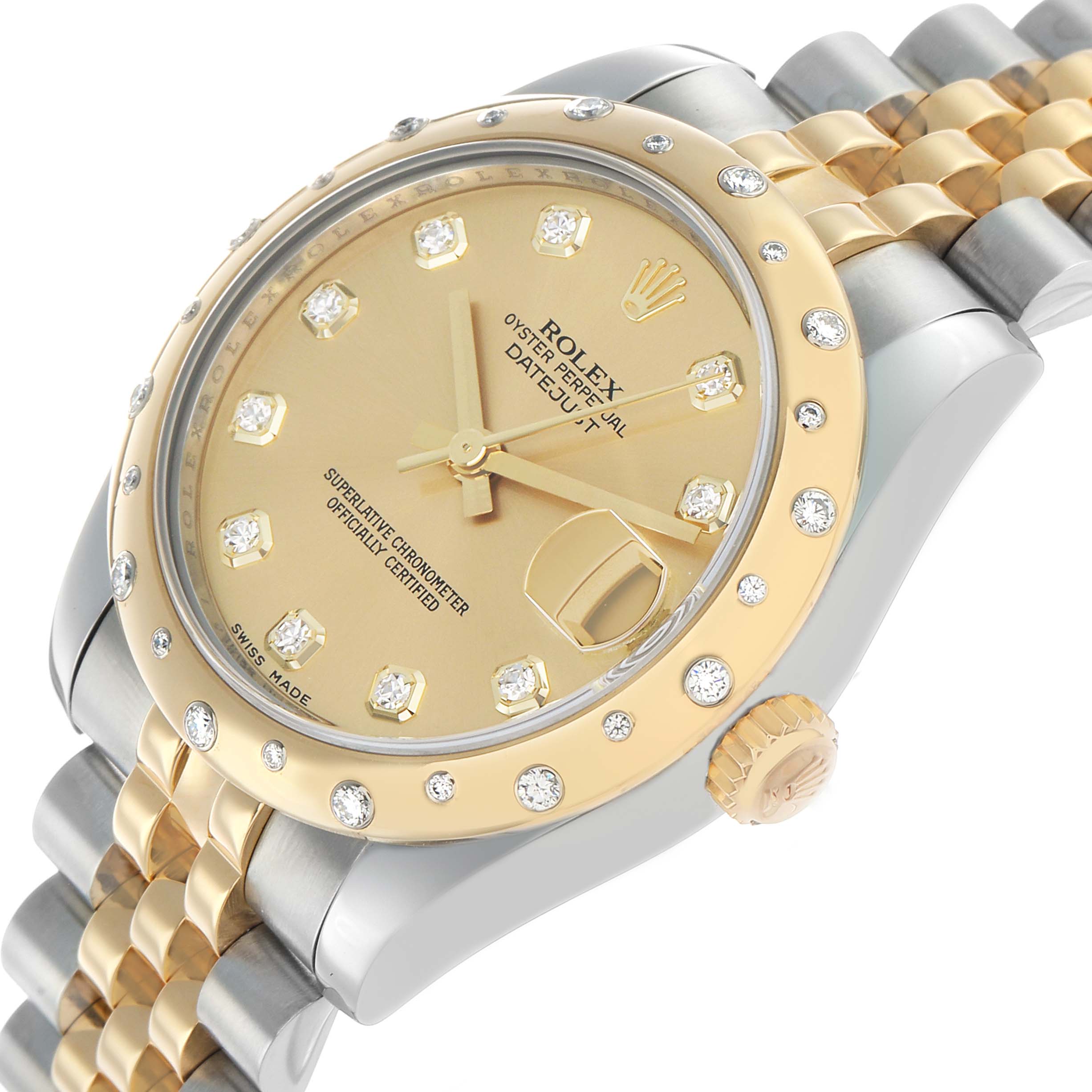 The Rolex mid-size watch is shown at a slight angle, displaying the face, diamond bezel, and part of the gold and steel bracelet.