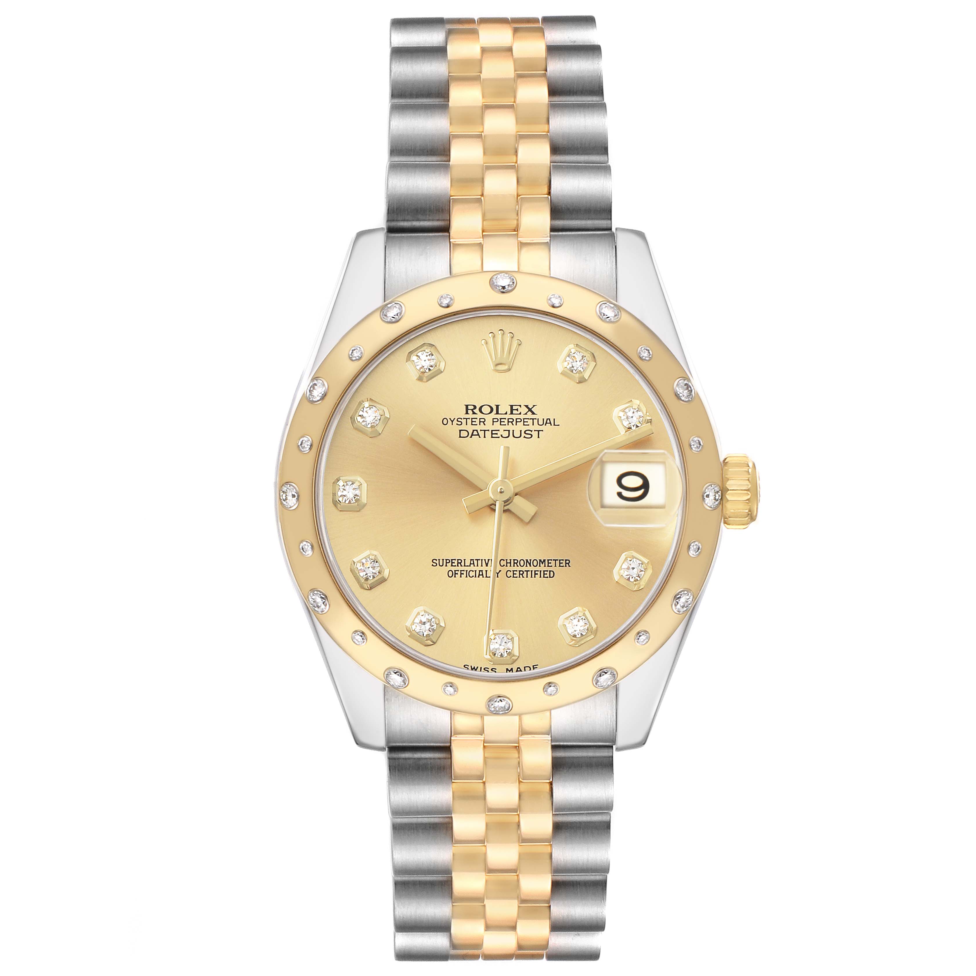 The Rolex Mid-Size 178343 Women's Steel and Gold (two tone) Champagne Dial Datejust is shown from the front, displaying the dial, bezel, and two-tone bracelet.