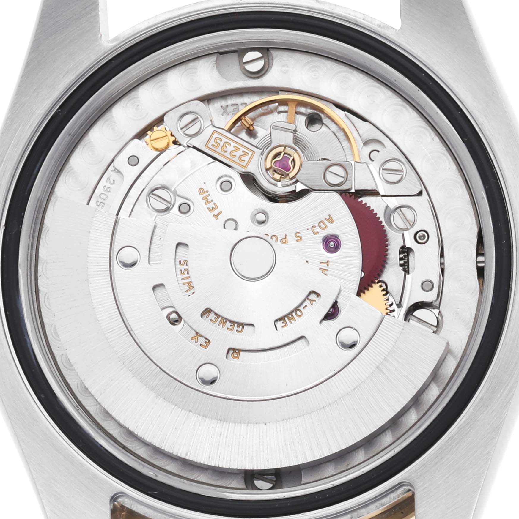 The image shows the back view of a Rolex Mid-Size 178343 Women's Steel and Gold (two tone) Champagne Dial model, featuring its movement and rotor assembly.