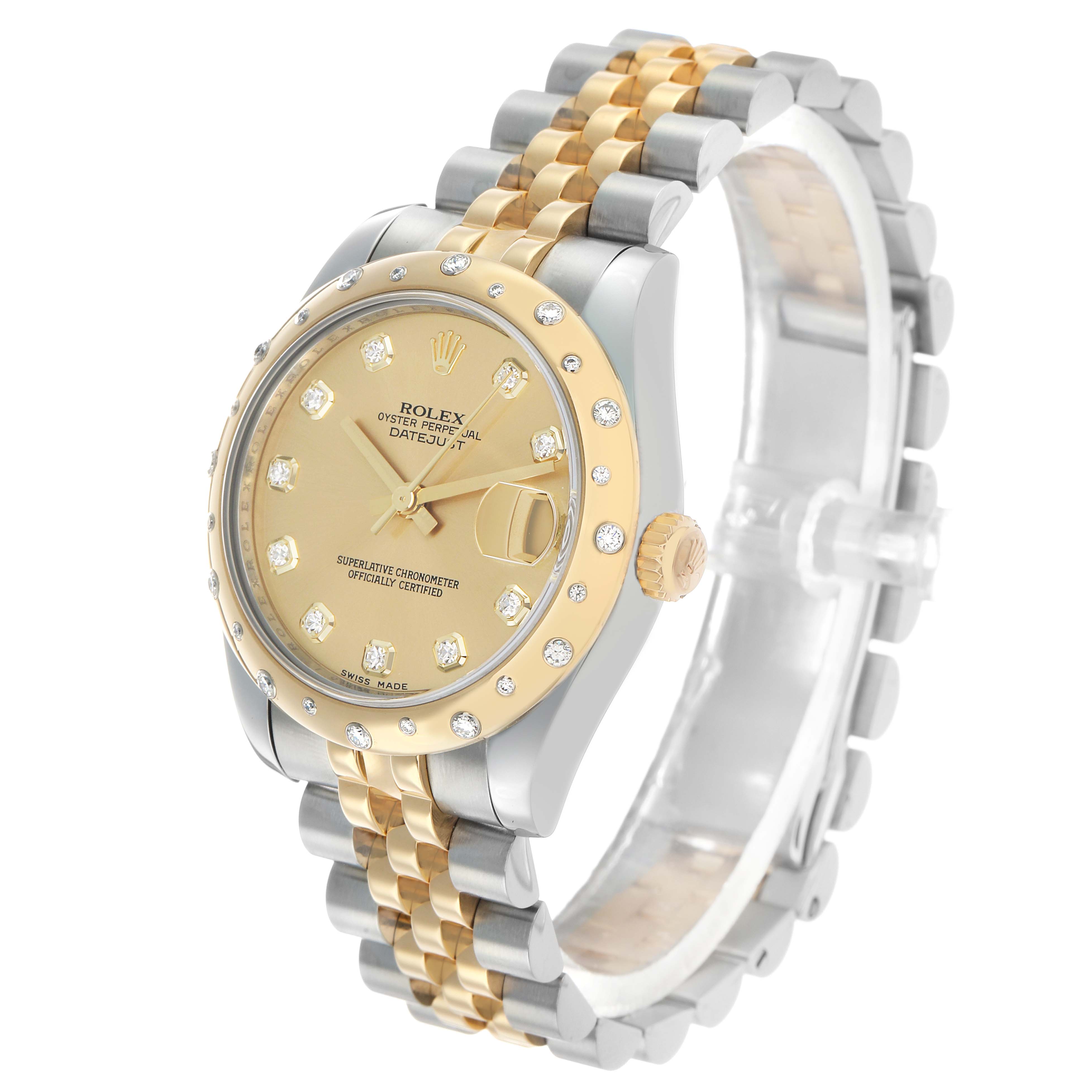 The Rolex Datejust Mid-Size watch is shown at a three-quarter angle, highlighting the face, bezel, crown, and two-tone bracelet.
