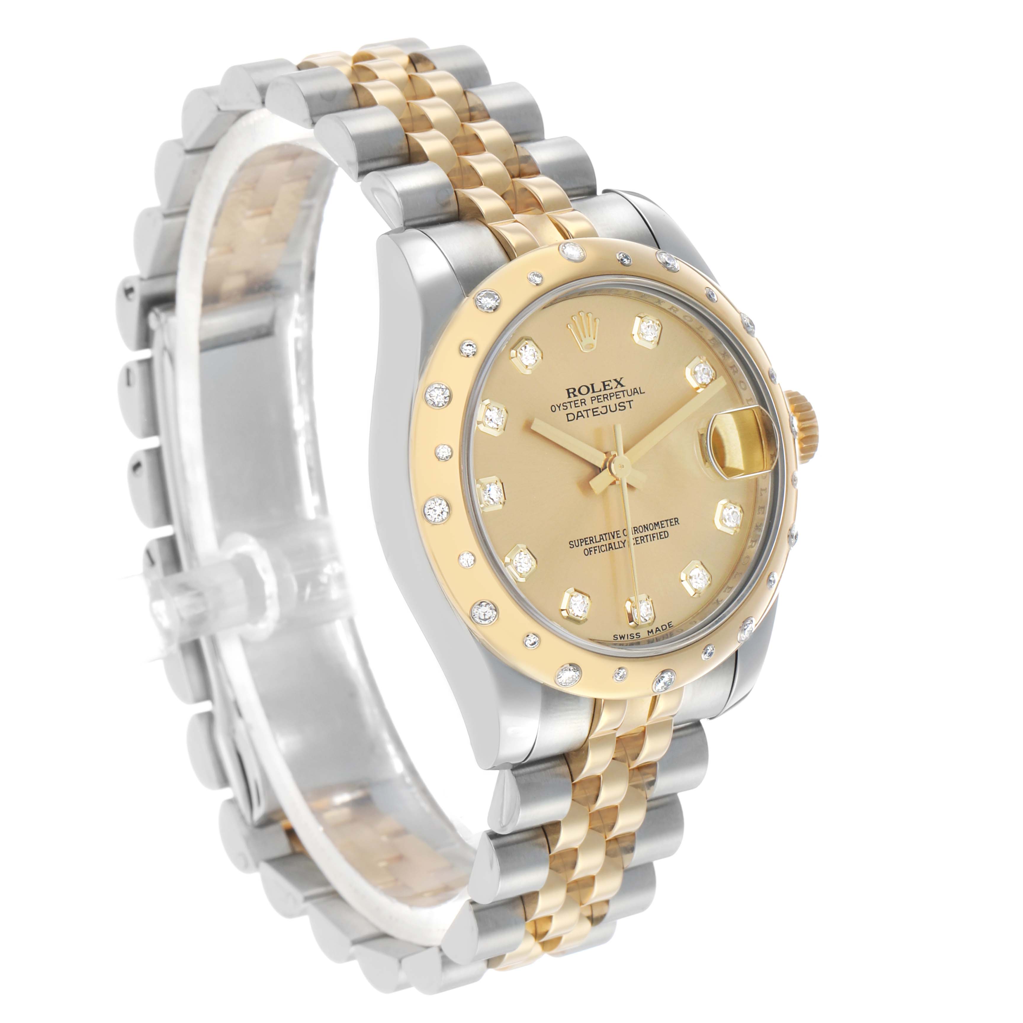 The Rolex Mid-Size 178343 Women's Steel and Gold (two tone) Champagne Dial Datejust is shown at a slight side angle highlighting its two-tone bracelet, gold bezel, and diamond markers.