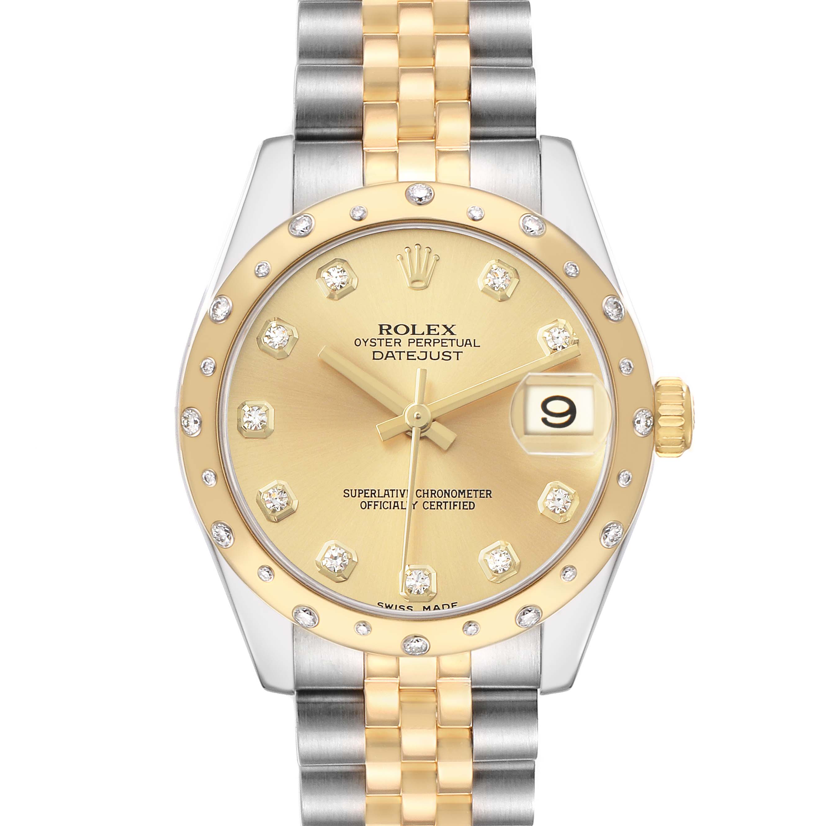 The Rolex Datejust mid-size watch is shown from the front, displaying its dial, bezel, crown, and two-tone bracelet.