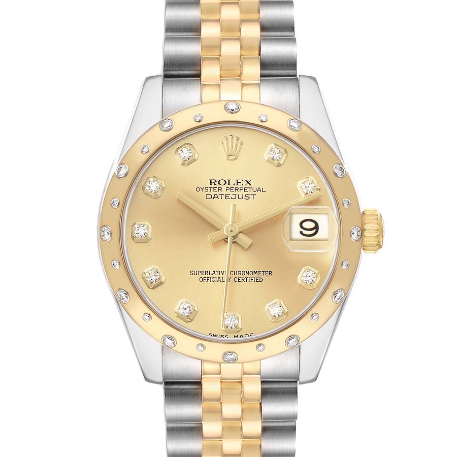 The Rolex Datejust mid-size watch is shown from the front, displaying its dial, bezel, crown, and two-tone bracelet.