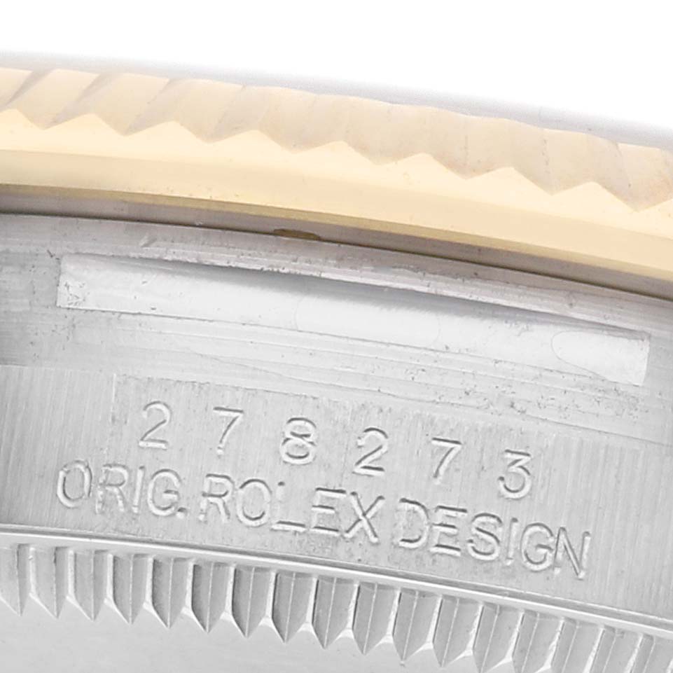 The image shows a close-up of the case side of a Rolex Mid-Size 278273 Women's Steel and Gold (two tone) White Dial watch, highlighting the model number and "ORIG. ROLEX DESIGN."