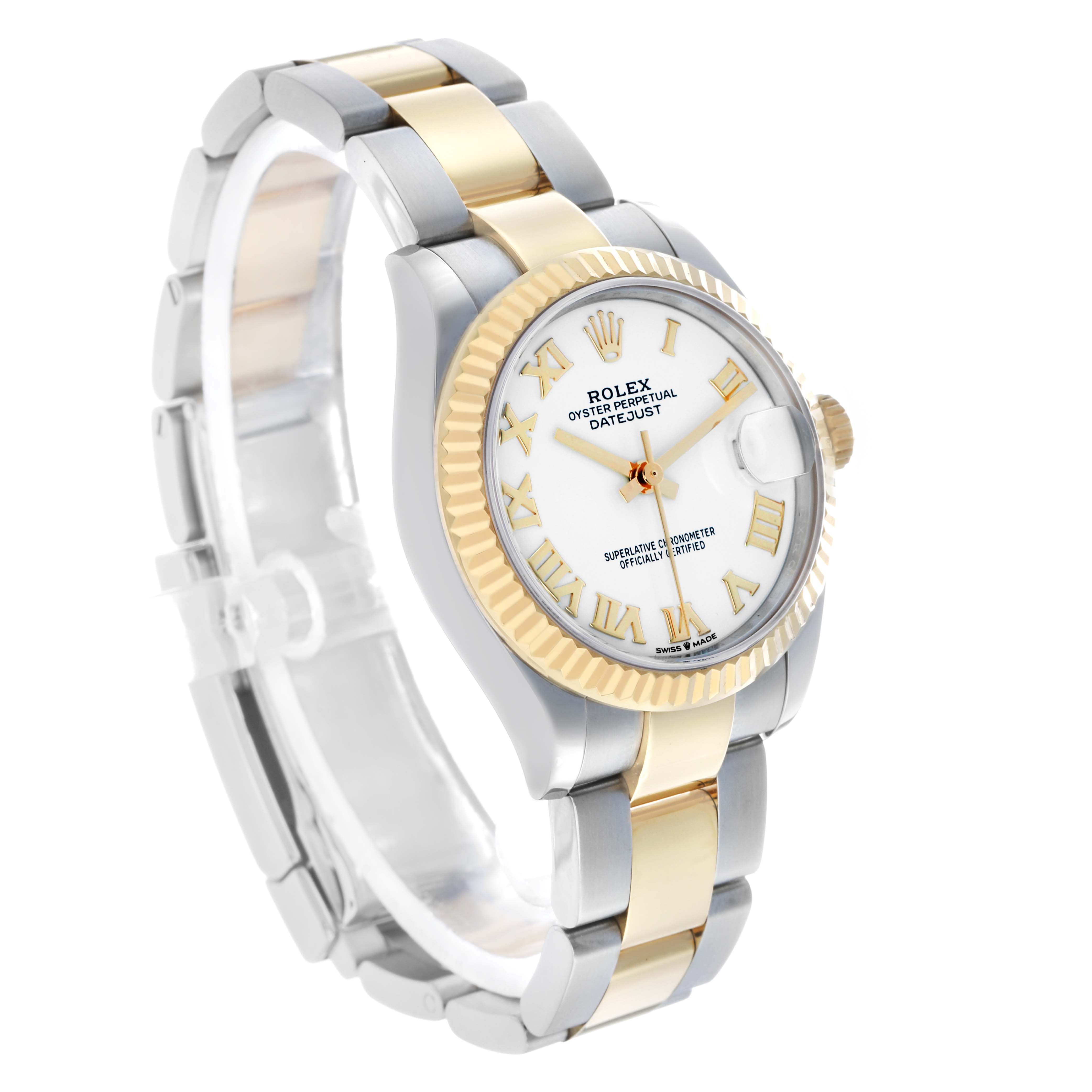 The Rolex Datejust Mid-Size watch is shown at an angled side view, highlighting its two-tone bracelet, fluted bezel, and dial details.