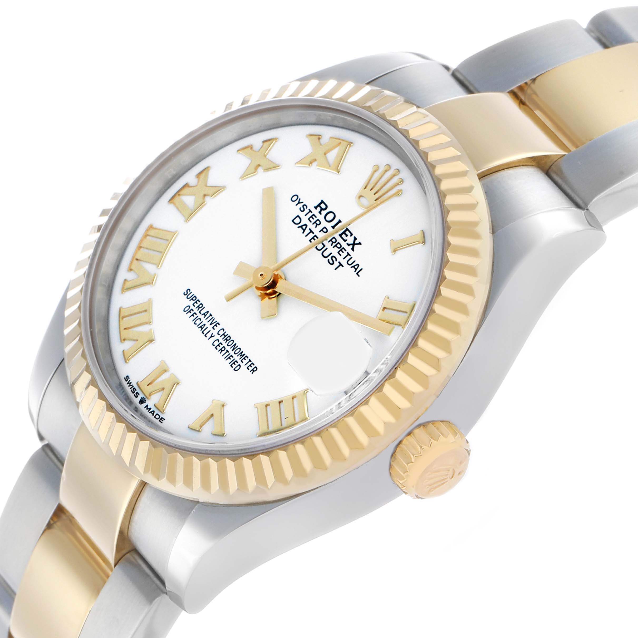 The Rolex Mid-Size 278273 Women's Steel and Gold (two tone) White Dial Datejust is shown at an oblique angle, highlighting the gold fluted bezel and two-tone bracelet.