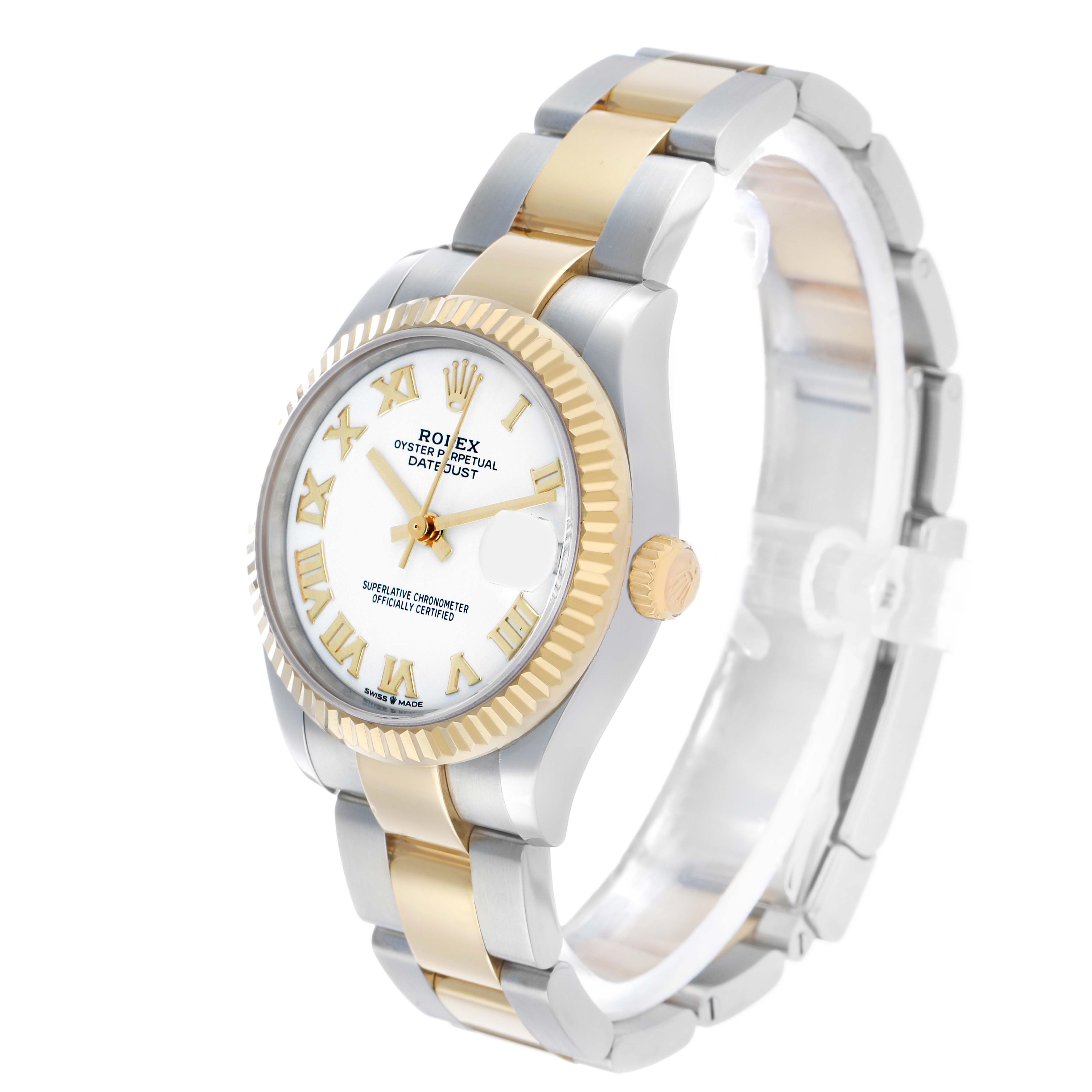 The Rolex Mid-Size 278273 Women's Steel and Gold (two tone) White Dial watch is shown at a three-quarter angle, highlighting the bezel, dial, and bracelet.