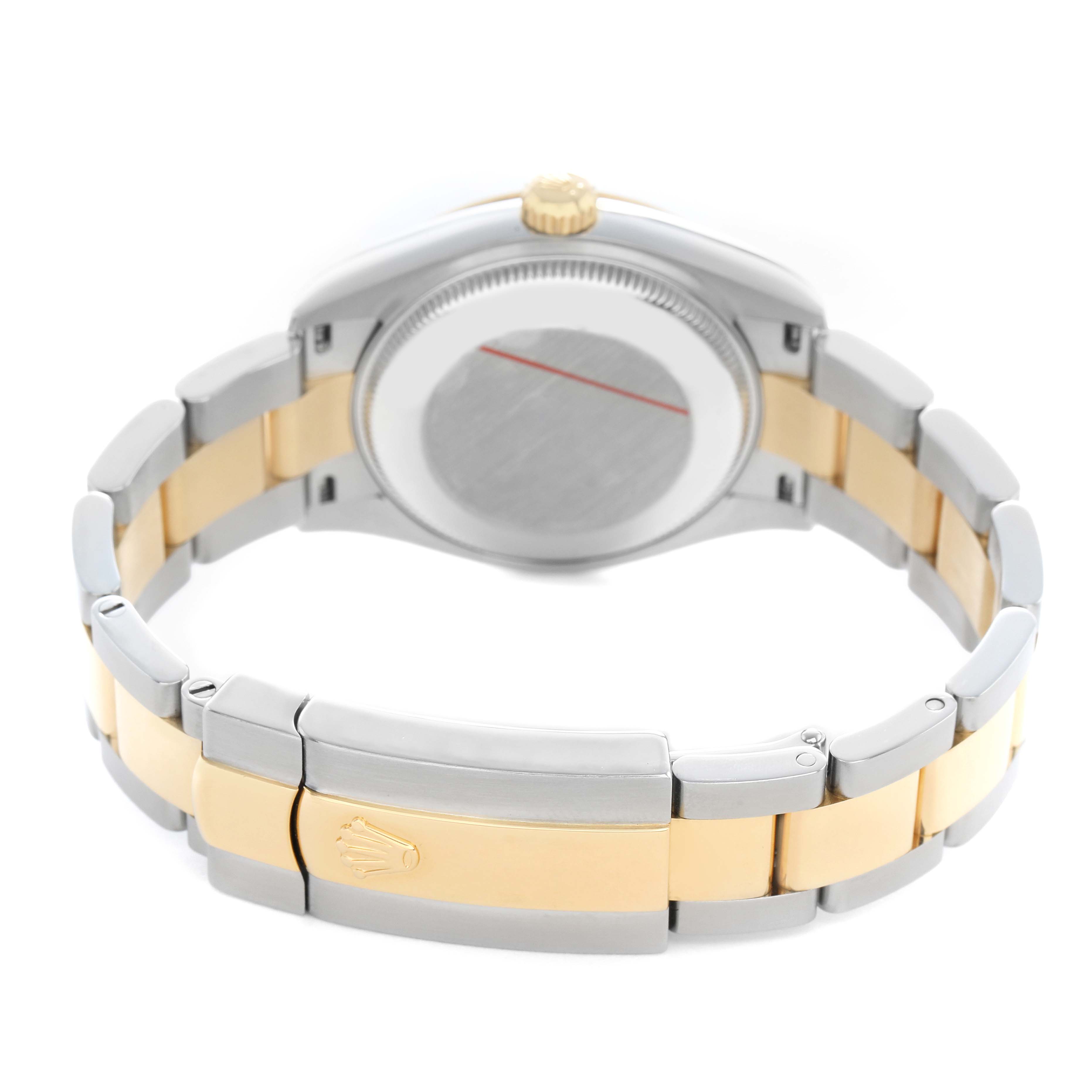 The image shows a Rolex Mid-Size 278273 Women's Steel and Gold (two tone) White Dial watch from the back, highlighting the bracelet and clasp with a two-tone design.