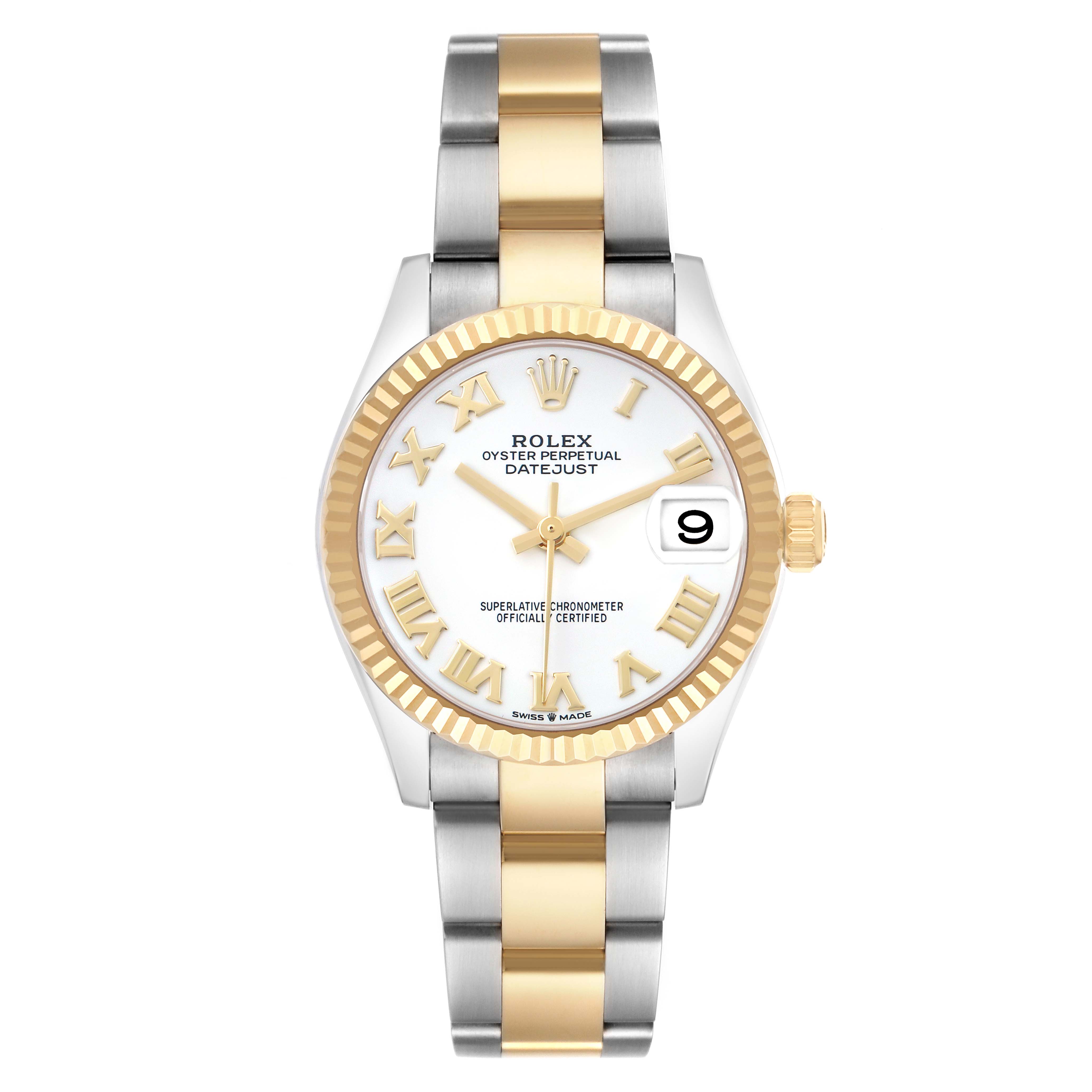 The Rolex Oyster Perpetual Datejust Mid-Size watch is shown from a front angle, displaying the dial, bezel, and bracelet.