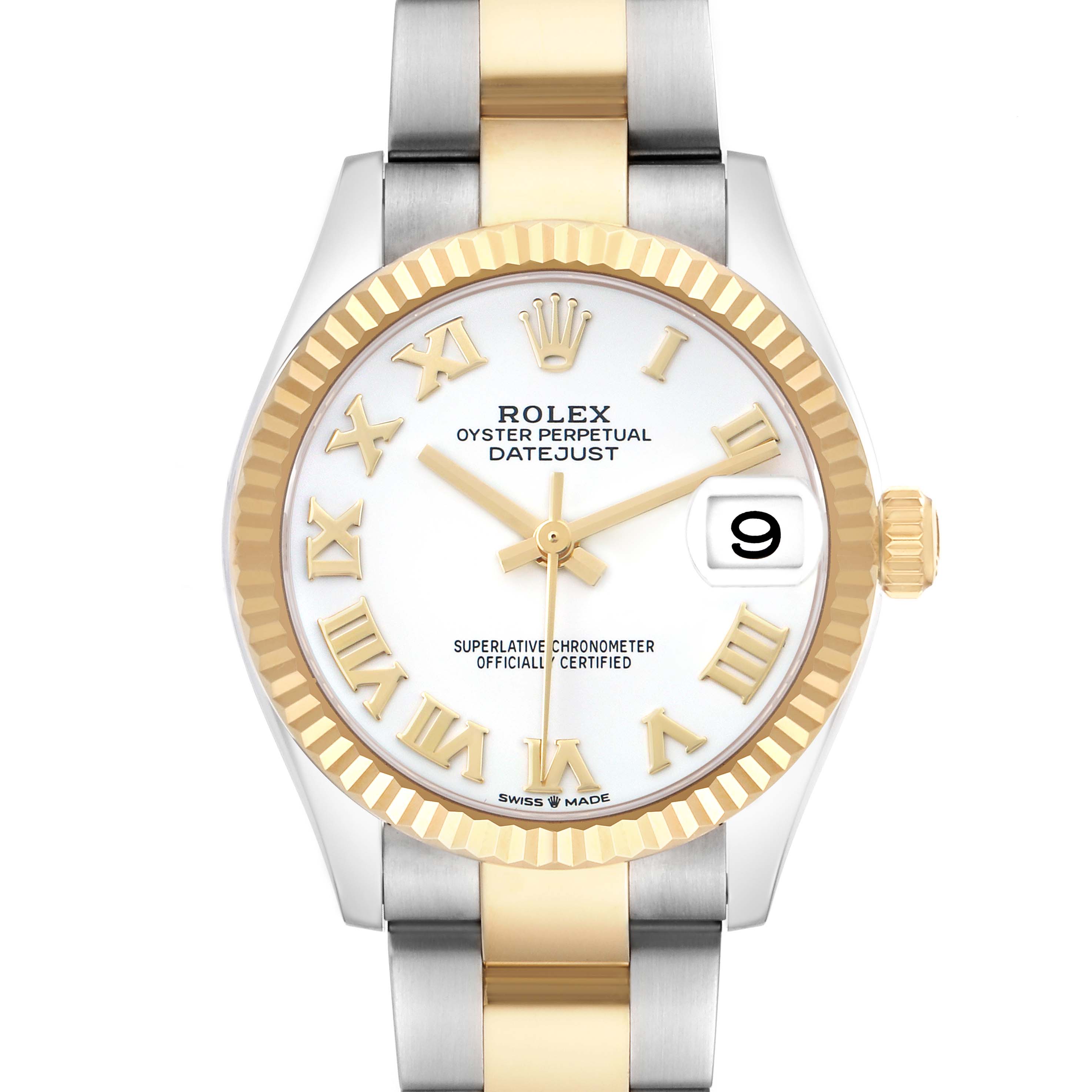 This image shows a front view of a Rolex Mid-Size 278273 Women's Steel and Gold (two tone) White Dial Datejust watch featuring the face, bezel, and part of the bracelet.