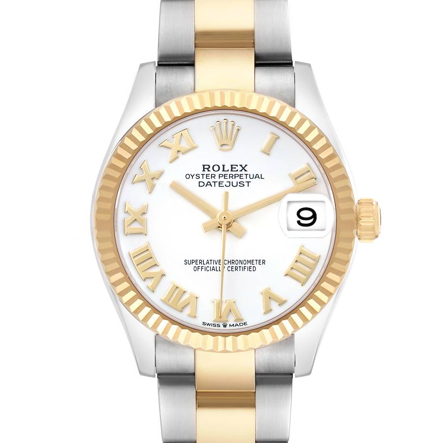 This image shows a front view of a Rolex Mid-Size 278273 Women's Steel and Gold (two tone) White Dial Datejust watch featuring the face, bezel, and part of the bracelet.