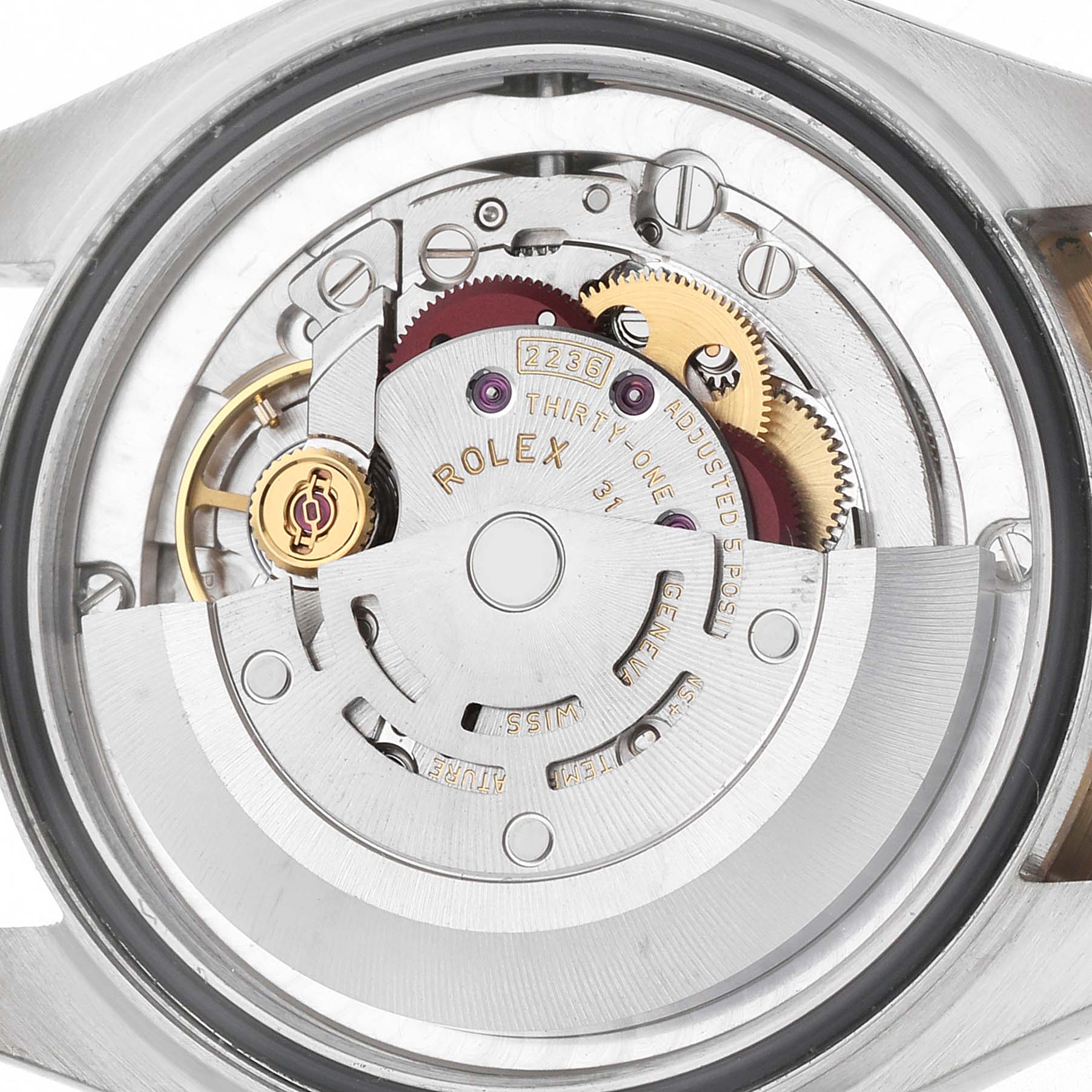 The image shows the internal mechanism of a Rolex Mid-Size 278273 Women's Steel and Gold (two tone) White Dial watch from a direct top-down angle.