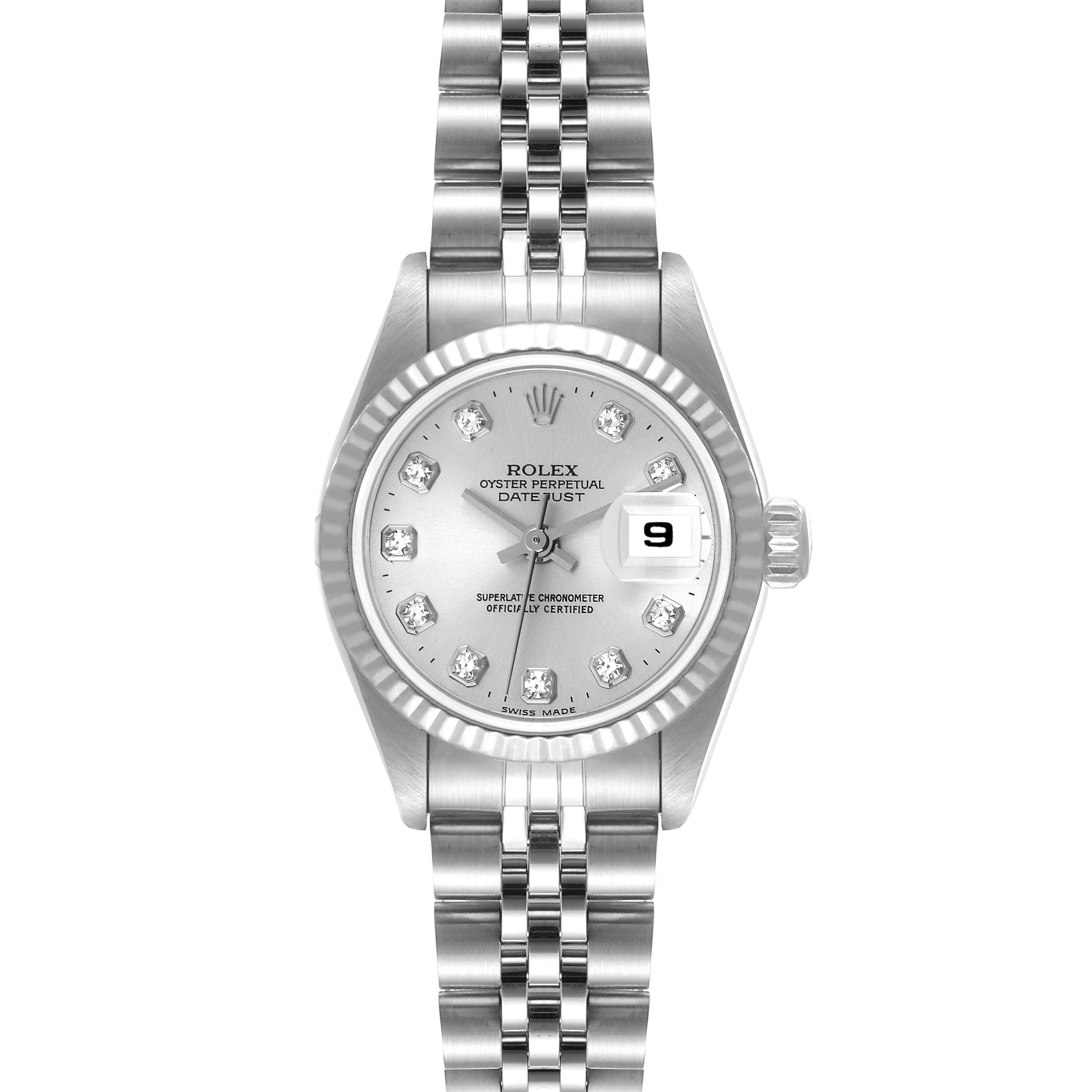 The image shows a front view of a Rolex Datejust 69174 Women's Stainless Steel Silver Dial 69174 Women's Stainless Steel Silver Dial watch displaying its face, bezel, crown, and bracelet.