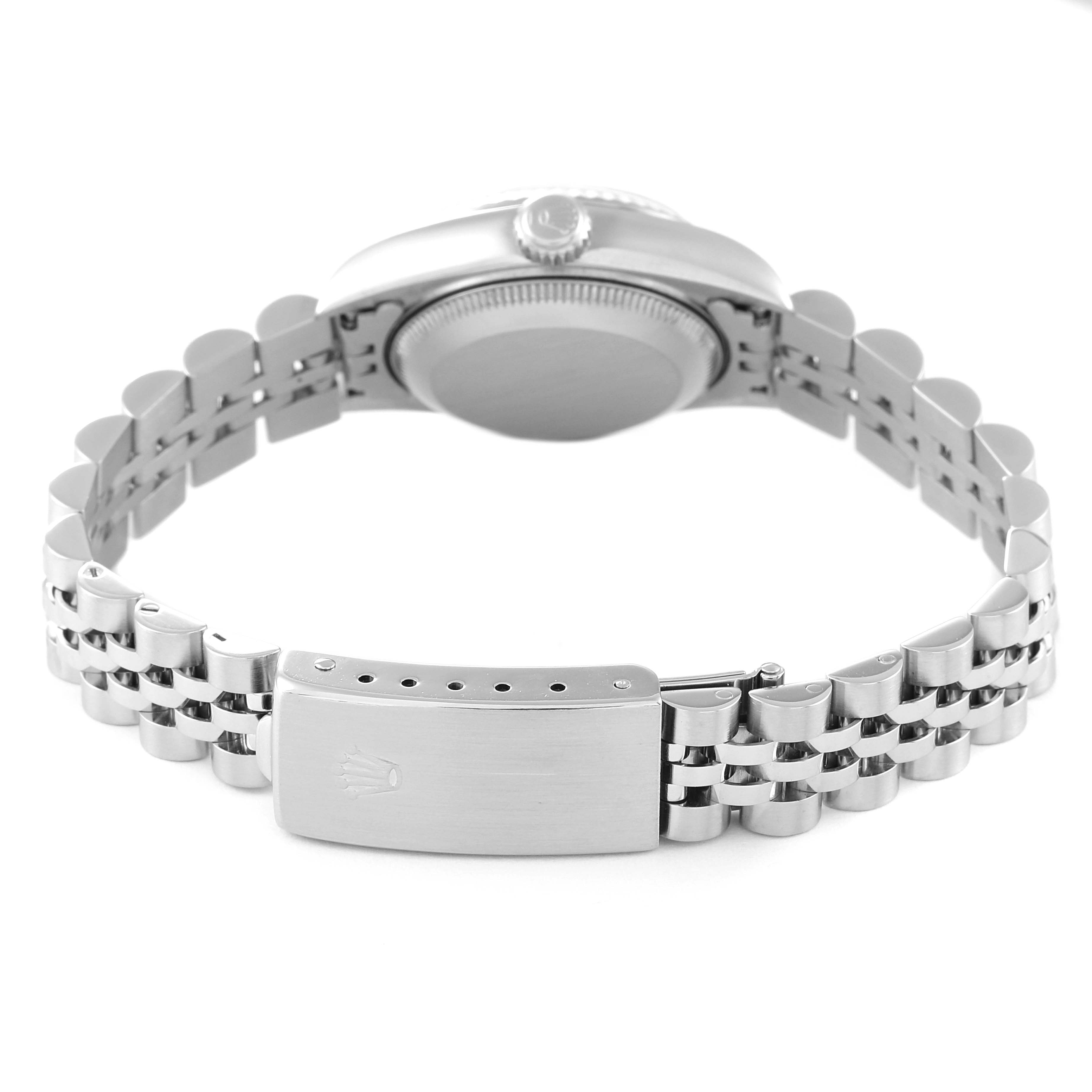 The image shows the back of a Rolex Datejust 69174 Women's Stainless Steel Silver Dial 69174 Women's Stainless Steel Silver Dial watch, focusing on the case back and the Jubilee bracelet with its clasp.