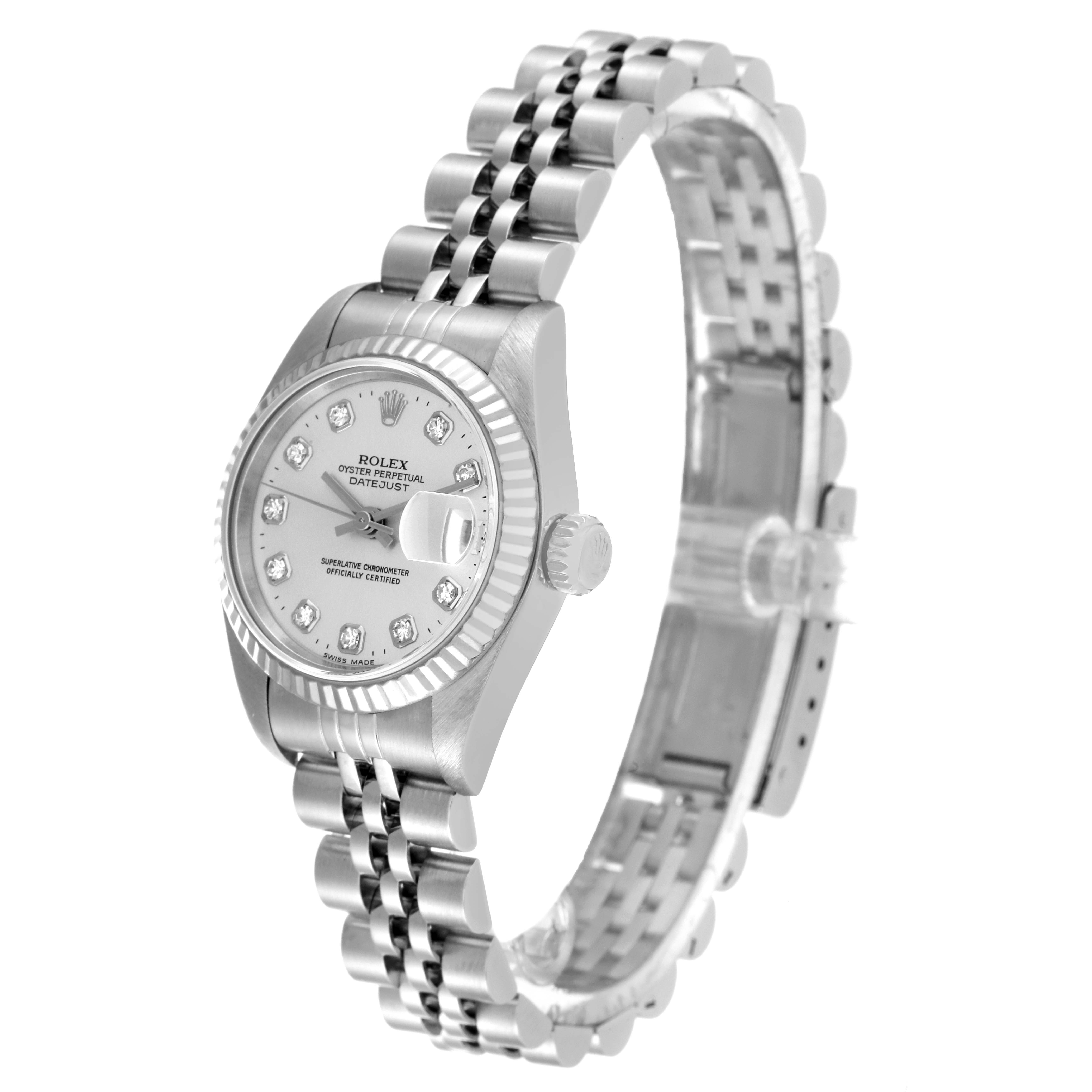 The Rolex Datejust 69174 Women's Stainless Steel Silver Dial 69174 Women's Stainless Steel Silver Dial watch is shown at a three-quarter angle, displaying its face, bezel, crown, and bracelet.