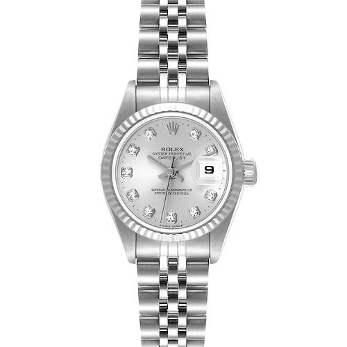 This image shows a Rolex Datejust watch from the front, featuring its silver dial, date display, and jubilee bracelet.