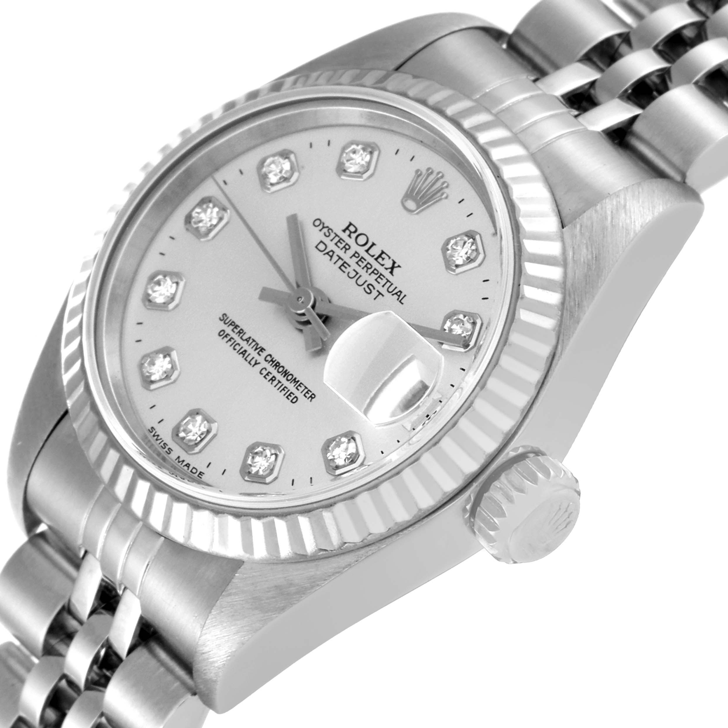 This image shows a Rolex Datejust 69174 Women's Stainless Steel Silver Dial 69174 Women's Stainless Steel Silver Dial watch at a slight angle, highlighting the dial, crown, and part of the bracelet.