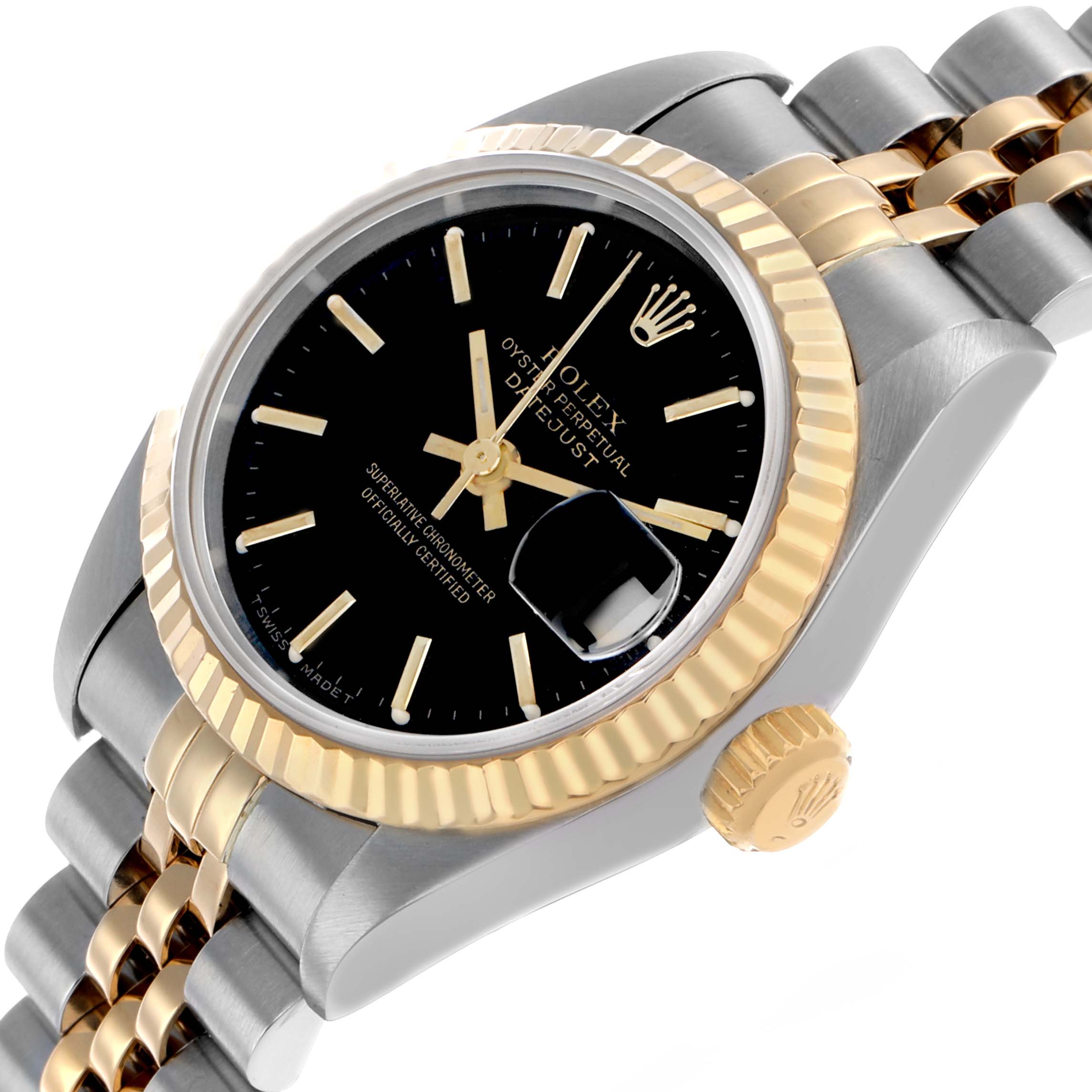 The Rolex Datejust 69173 Women's Steel and Gold (two tone) Black Dial watch is shown at an angle highlighting the dial, fluted bezel, crown, and two-tone bracelet.