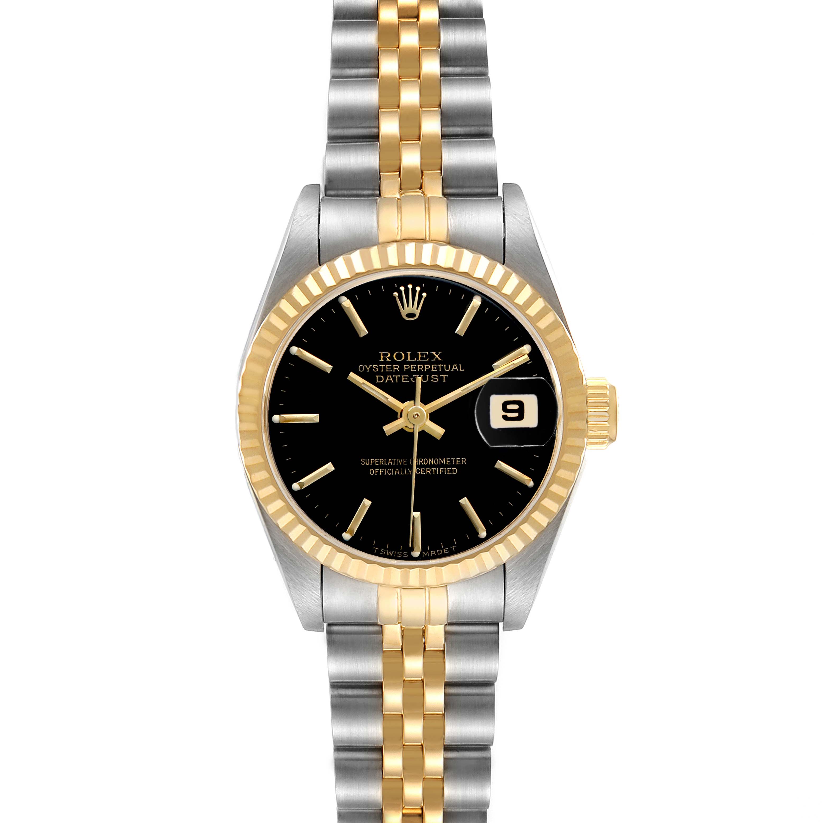 The Rolex Datejust 69173 Women's Steel and Gold (two tone) Black Dial watch is shown from the front, displaying its black dial, two-tone bracelet, gold bezel, and date window at 3 o'clock.