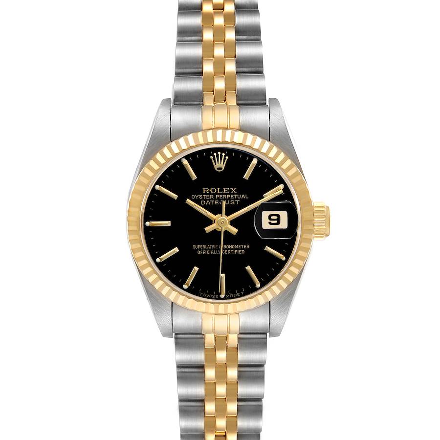 The Rolex Datejust 69173 Women's Steel and Gold (two tone) Black Dial watch is shown from the front, displaying its black dial, two-tone bracelet, gold bezel, and date window at 3 o'clock.
