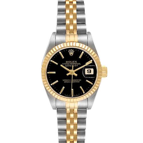 The Rolex Datejust 69173 Women's Steel and Gold (two tone) Black Dial watch is shown from the front, displaying its black dial, gold bezel, and two-tone bracelet.