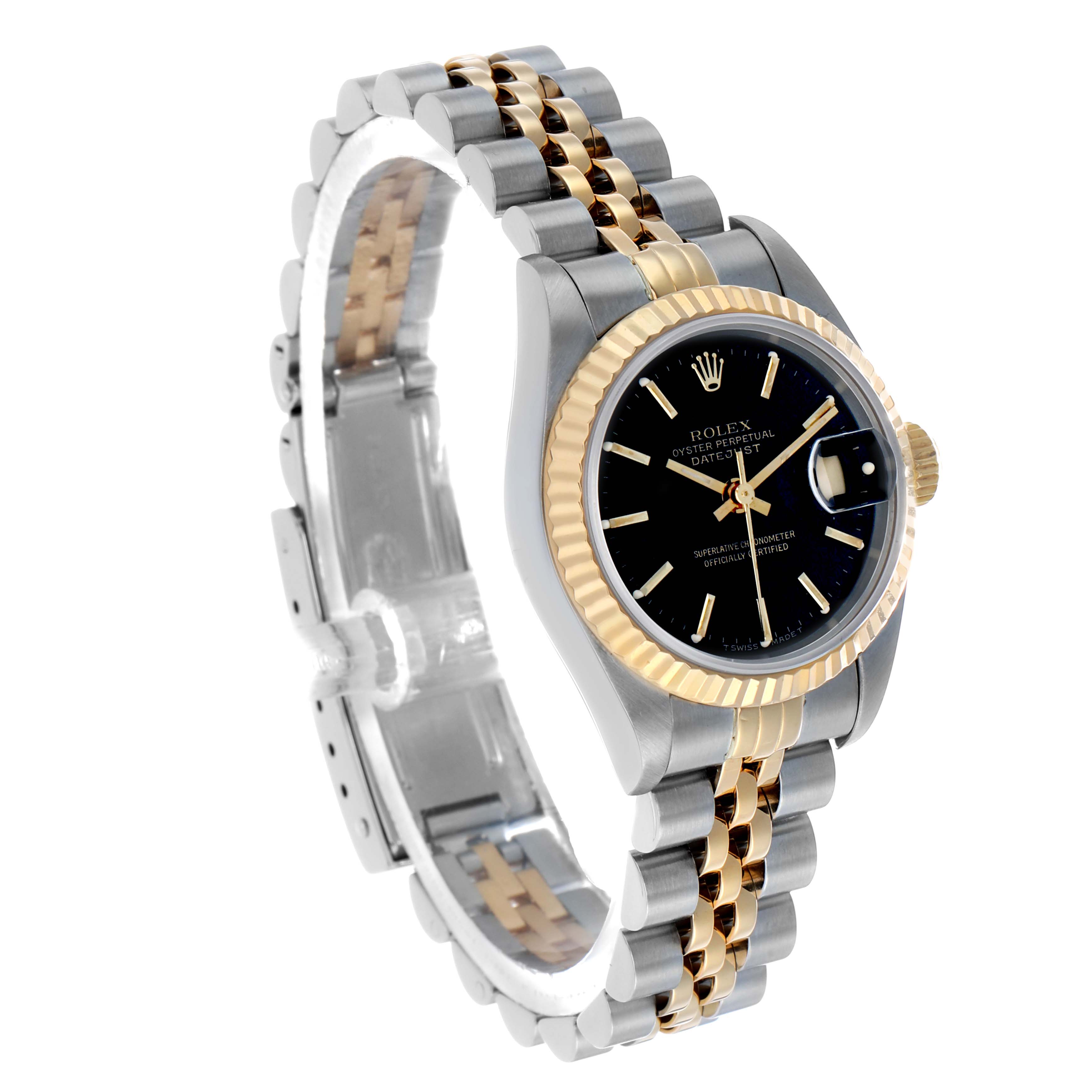 The Rolex Datejust 69173 Women's Steel and Gold (two tone) Black Dial watch is shown at a three-quarter angle, featuring the dial, bezel, crown, and Jubilee bracelet.