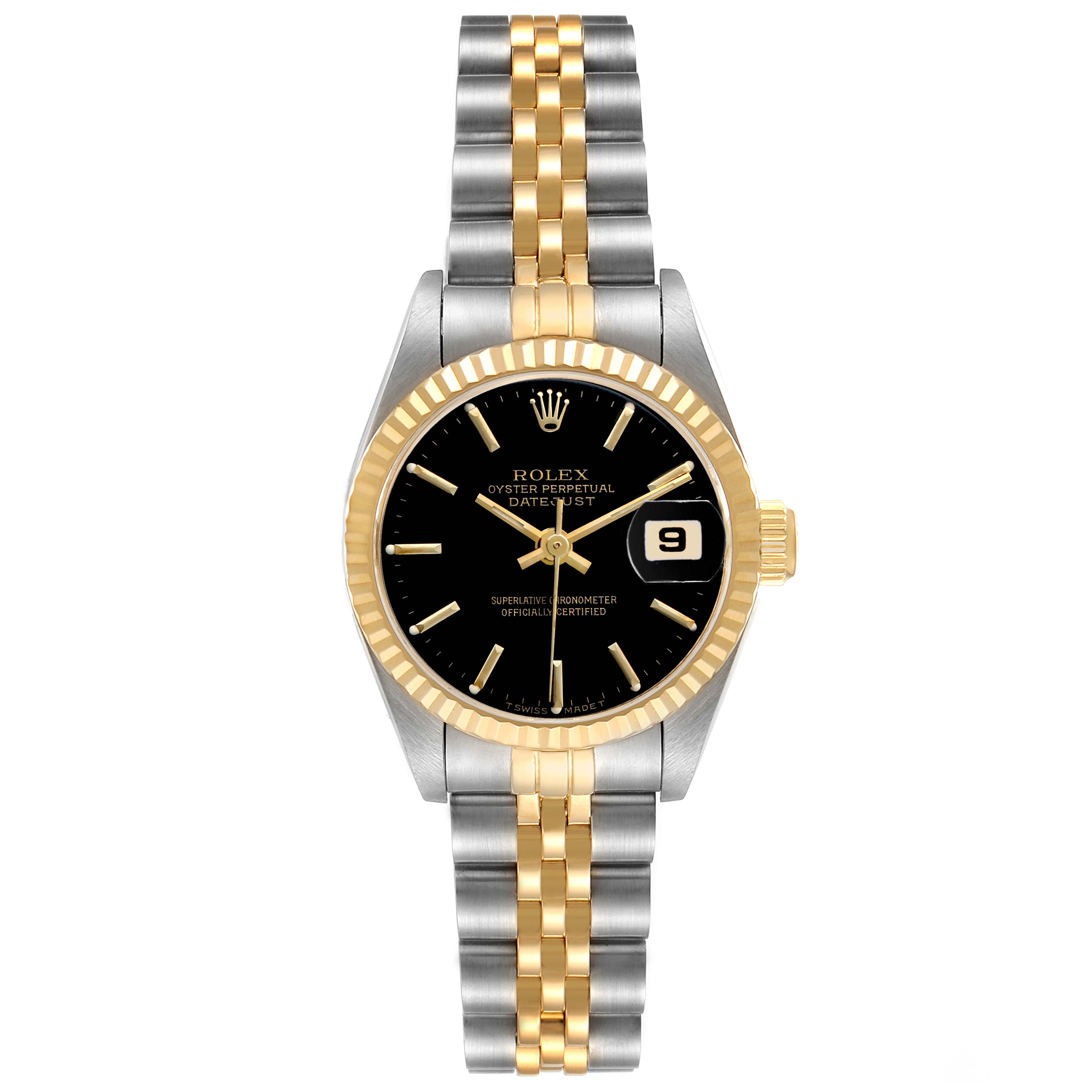 The Rolex Datejust 69173 Women's Steel and Gold (two tone) Black Dial watch is shown from a top-down angle, displaying its two-tone bracelet, black dial, fluted bezel, and date window.