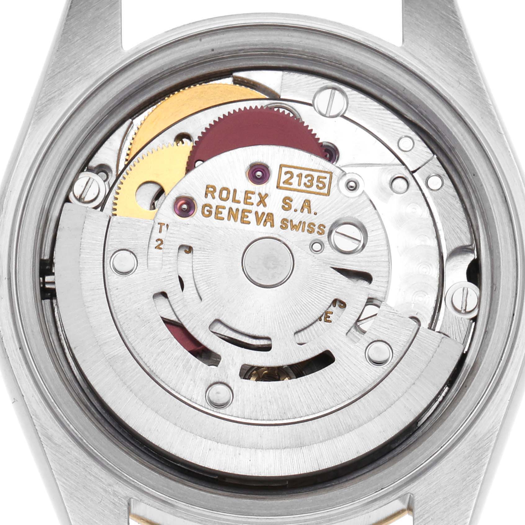 The image shows the Rolex Datejust 69173 Women's Steel and Gold (two tone) Black Dial's movement from the back, highlighting gears and the rotor with "Rolex S.A. Geneva Swiss" engraved.