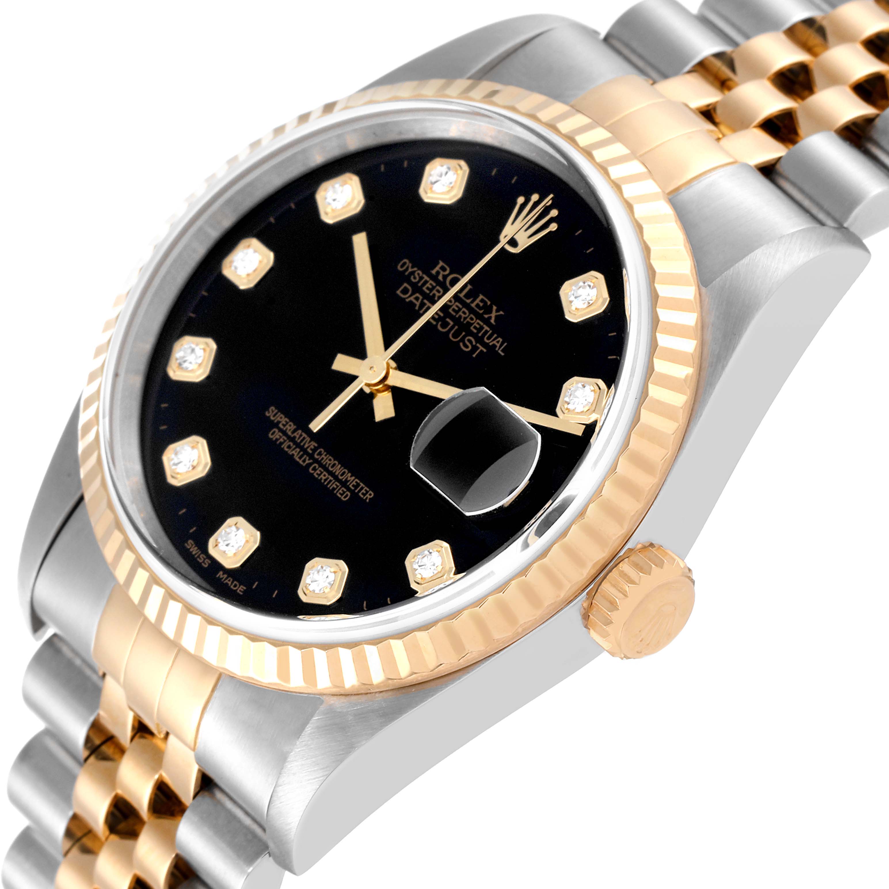 The image shows a close-up angled view of the Rolex Datejust 16233 Men's Steel and Gold (two tone) Black Dial 16233 Men's Steel and Gold (two tone) Black Dial watch, highlighting the dial, bezel, crown, and bracelet.