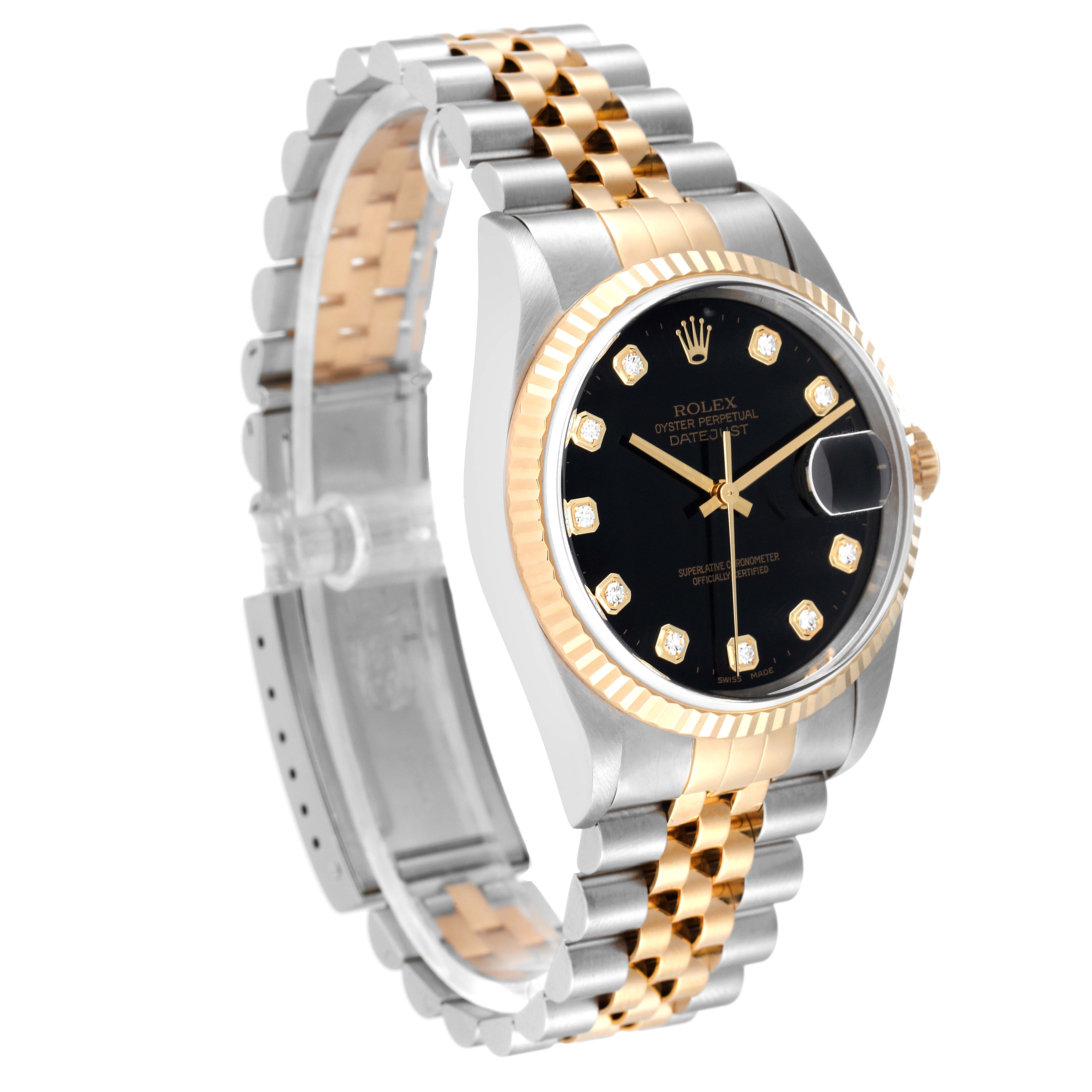 The Rolex Datejust 16233 Men's Steel and Gold (two tone) Black Dial 16233 Men's Steel and Gold (two tone) Black Dial watch is shown at a front-left angle, displaying the face, bezel, and part of the two-tone bracelet.