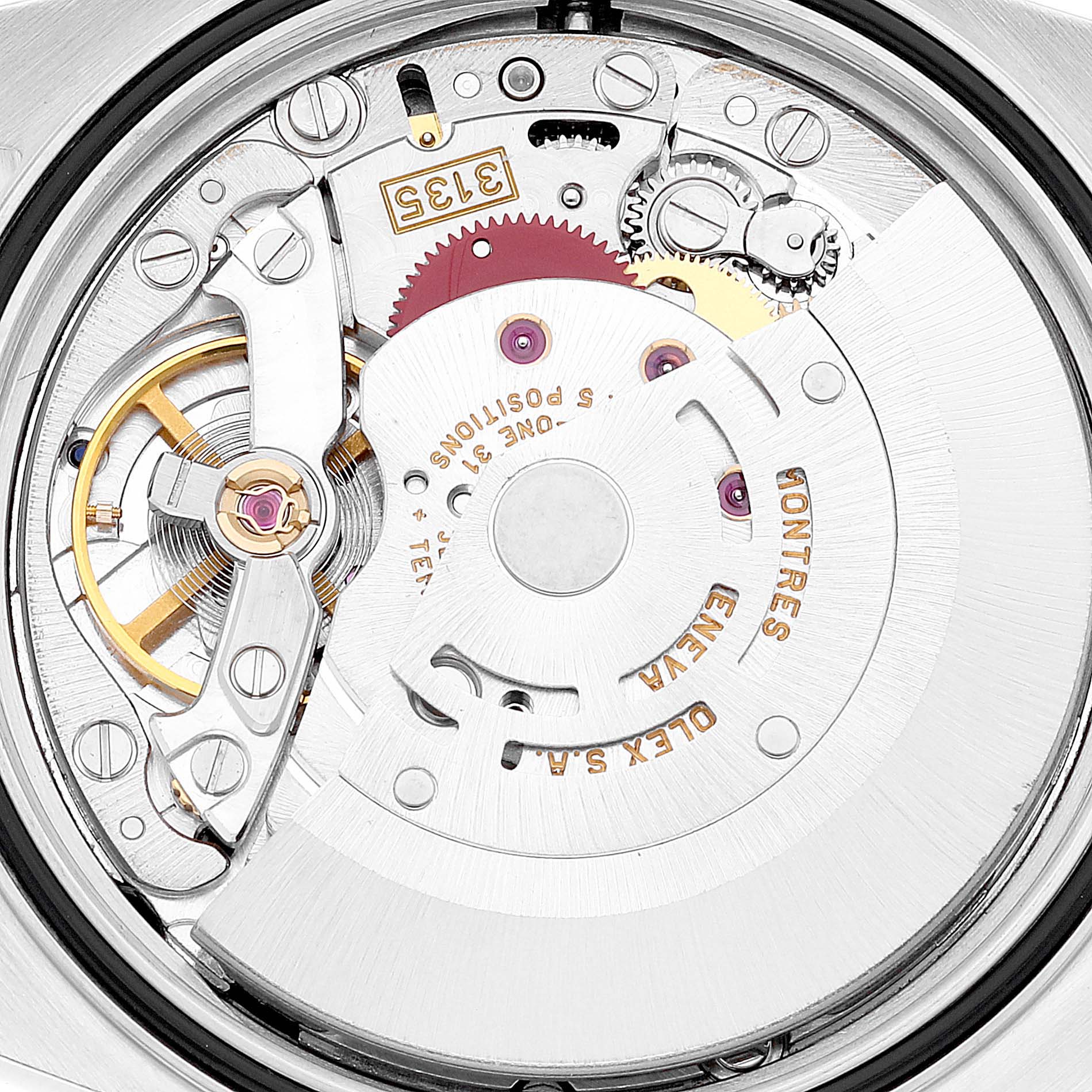 The image shows a close-up view of the movement mechanism inside a Rolex Datejust 16233 Men's Steel and Gold (two tone) Black Dial 16233 Men's Steel and Gold (two tone) Black Dial watch.