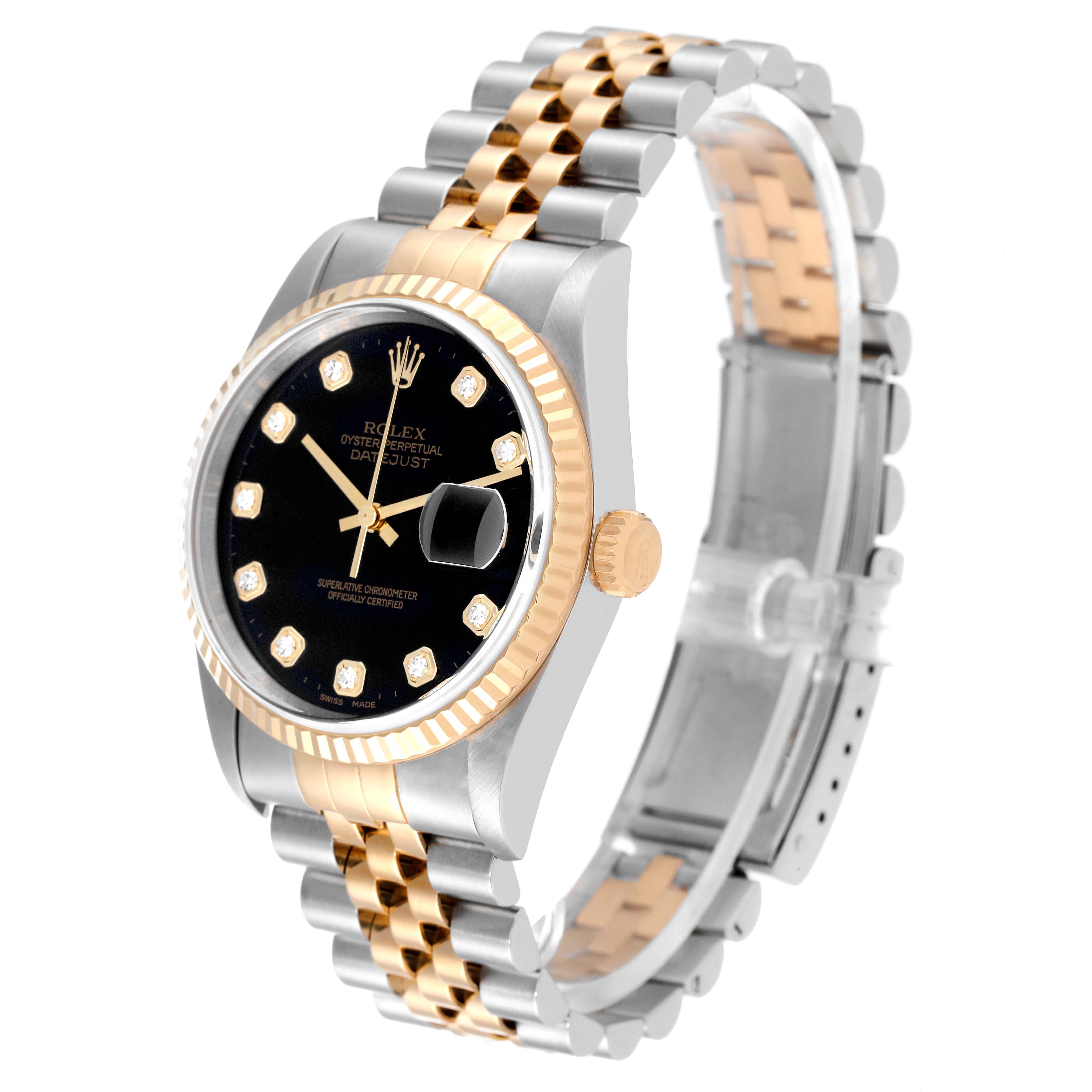 This image shows a three-quarters view of a Rolex Datejust 16233 Men's Steel and Gold (two tone) Black Dial 16233 Men's Steel and Gold (two tone) Black Dial watch, highlighting its face, bezel, crown, and two-tone bracelet.
