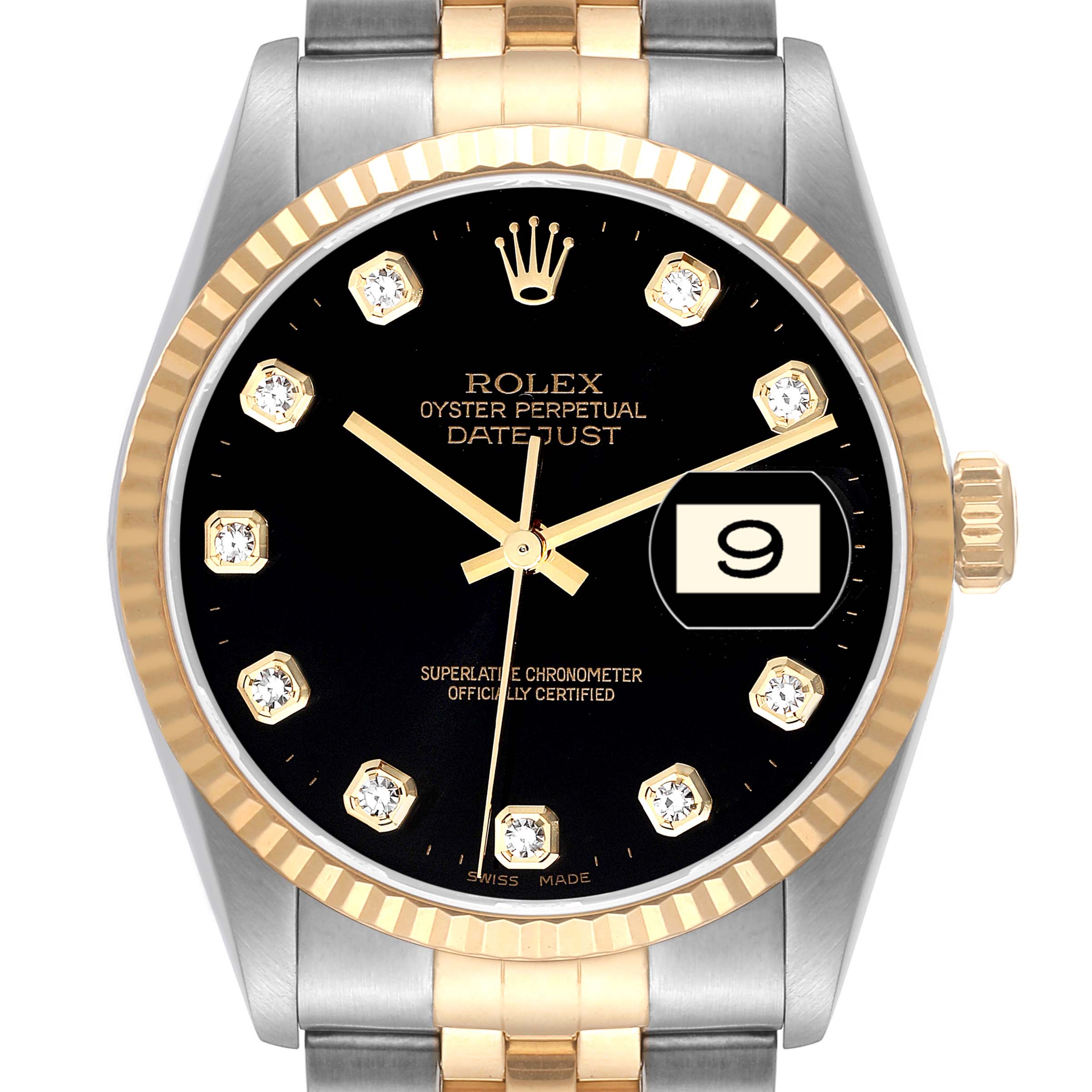 The image shows a close-up view of a Rolex Datejust 16233 Men's Steel and Gold (two tone) Black Dial 16233 Men's Steel and Gold (two tone) Black Dial watch, highlighting the face, bezel, and part of the bracelet.