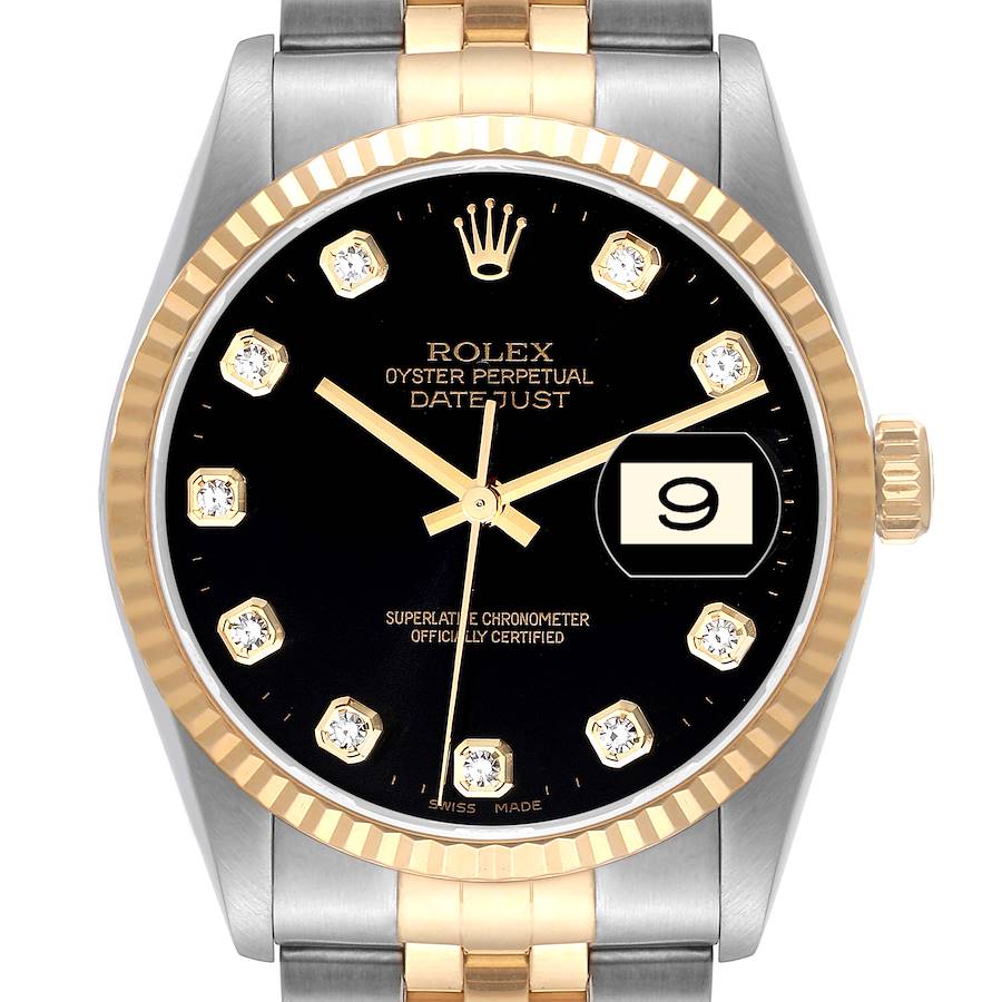 Rolex Datejust Steel Yellow Gold Black Diamond Dial Mens Watch 16233 Box Papers SwissWatchExpo