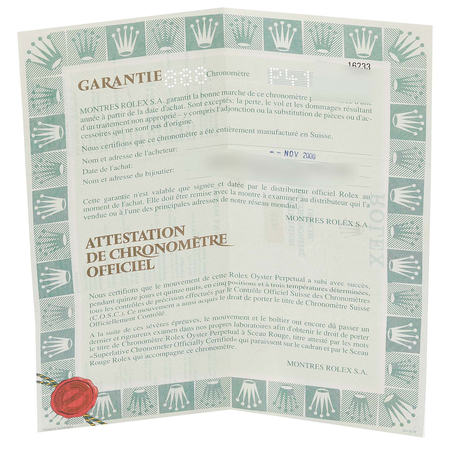 This image shows a warranty and certification document for a Rolex Datejust 16233 Men's Steel and Gold (two tone) Black Dial 16233 Men's Steel and Gold (two tone) Black Dial model watch.