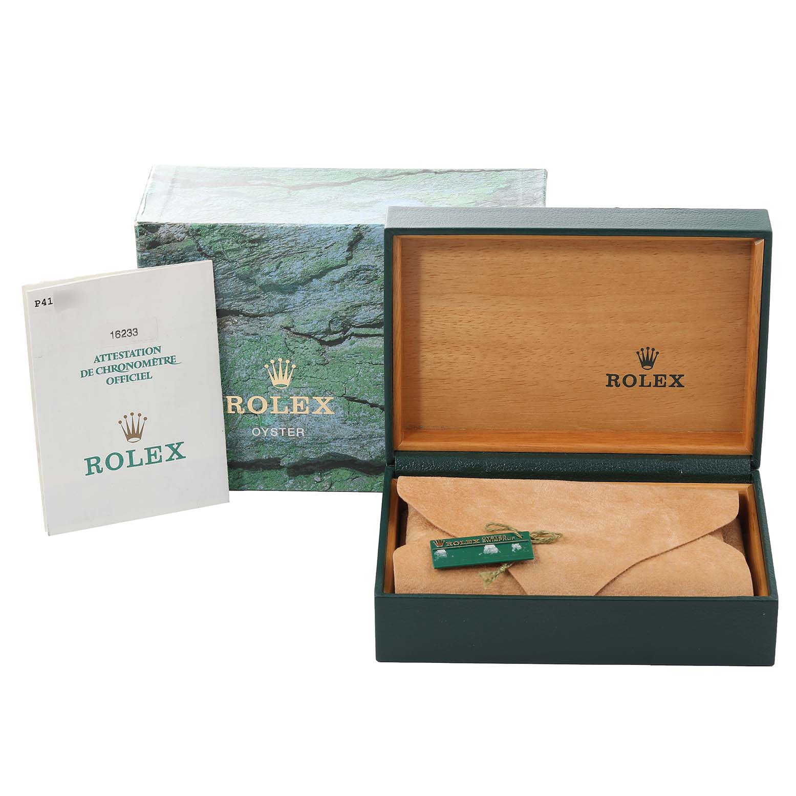 The image shows the box, pouch, tag, and manual for a Rolex Datejust 16233 Men's Steel and Gold (two tone) Black Dial 16233 Men's Steel and Gold (two tone) Black Dial watch, displayed from the front angle.
