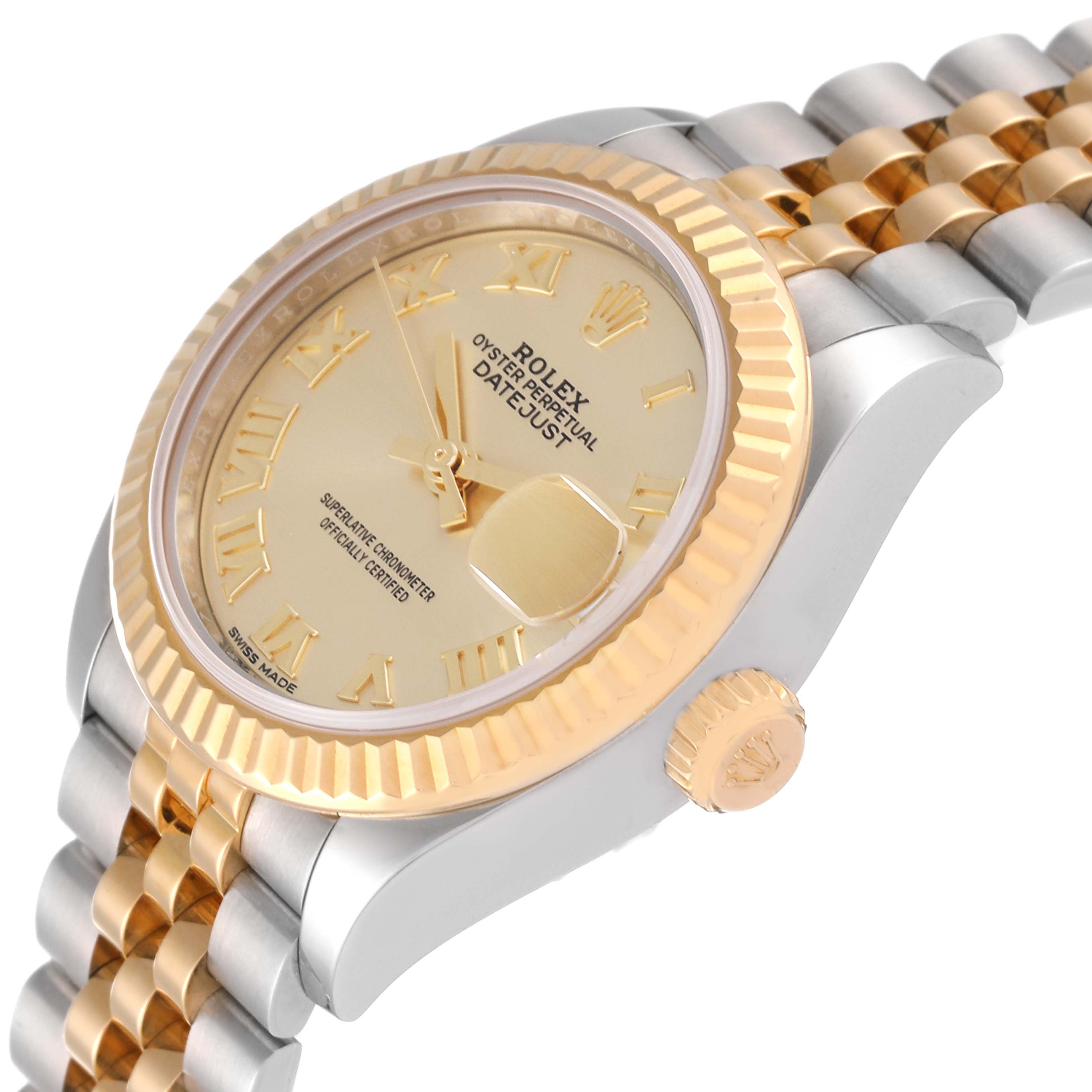 The image shows a Rolex Datejust 279173 Women's Steel and Gold (two tone) Champagne Dial 279173 Women's Steel and Gold (two tone) Champagne Dial watch at a slight angle, highlighting the dial, bezel, crown, and two-tone bracelet.