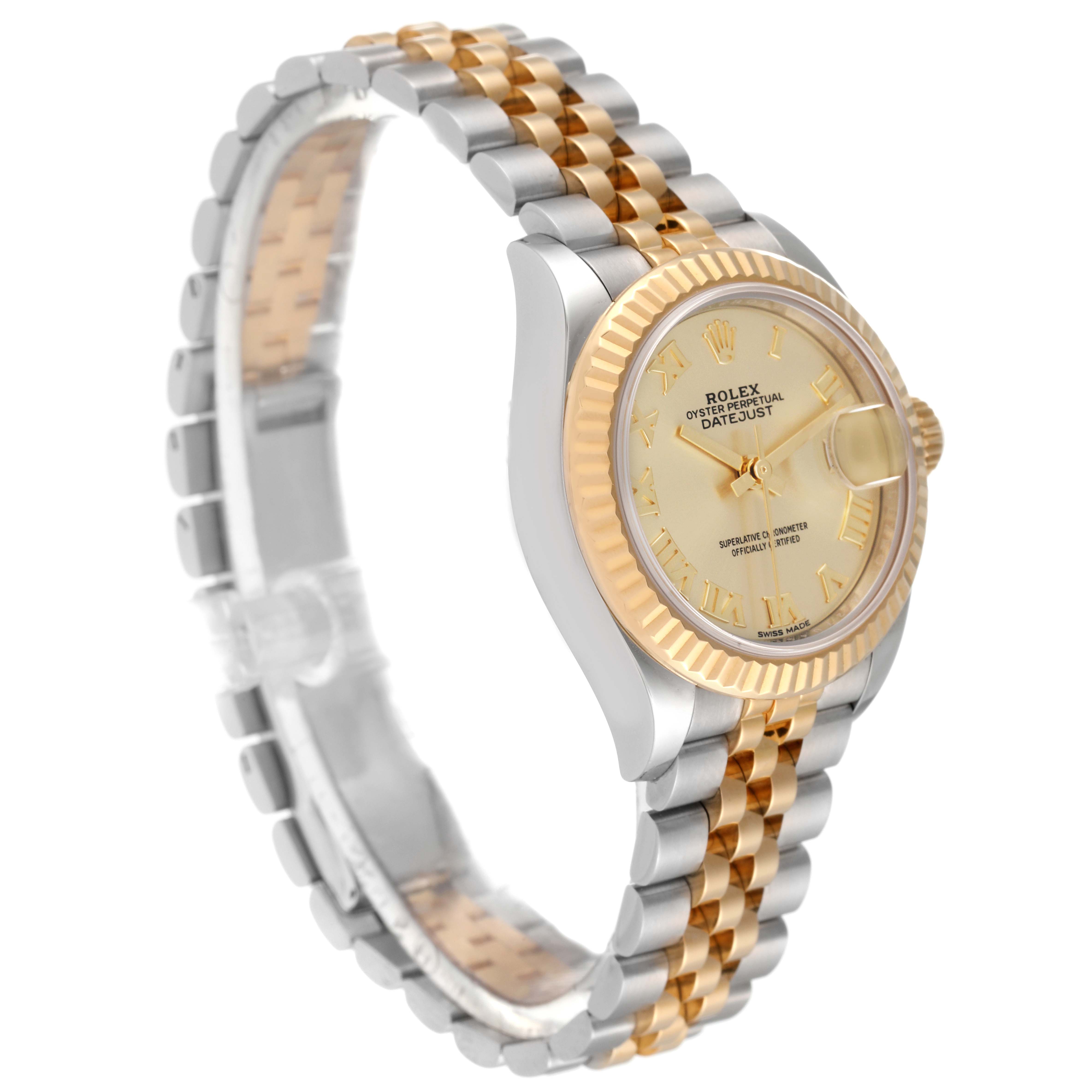 This image displays a side angle of a Rolex Datejust 279173 Women's Steel and Gold (two tone) Champagne Dial 279173 Women's Steel and Gold (two tone) Champagne Dial watch, highlighting its gold and silver jubilee bracelet and fluted bezel.