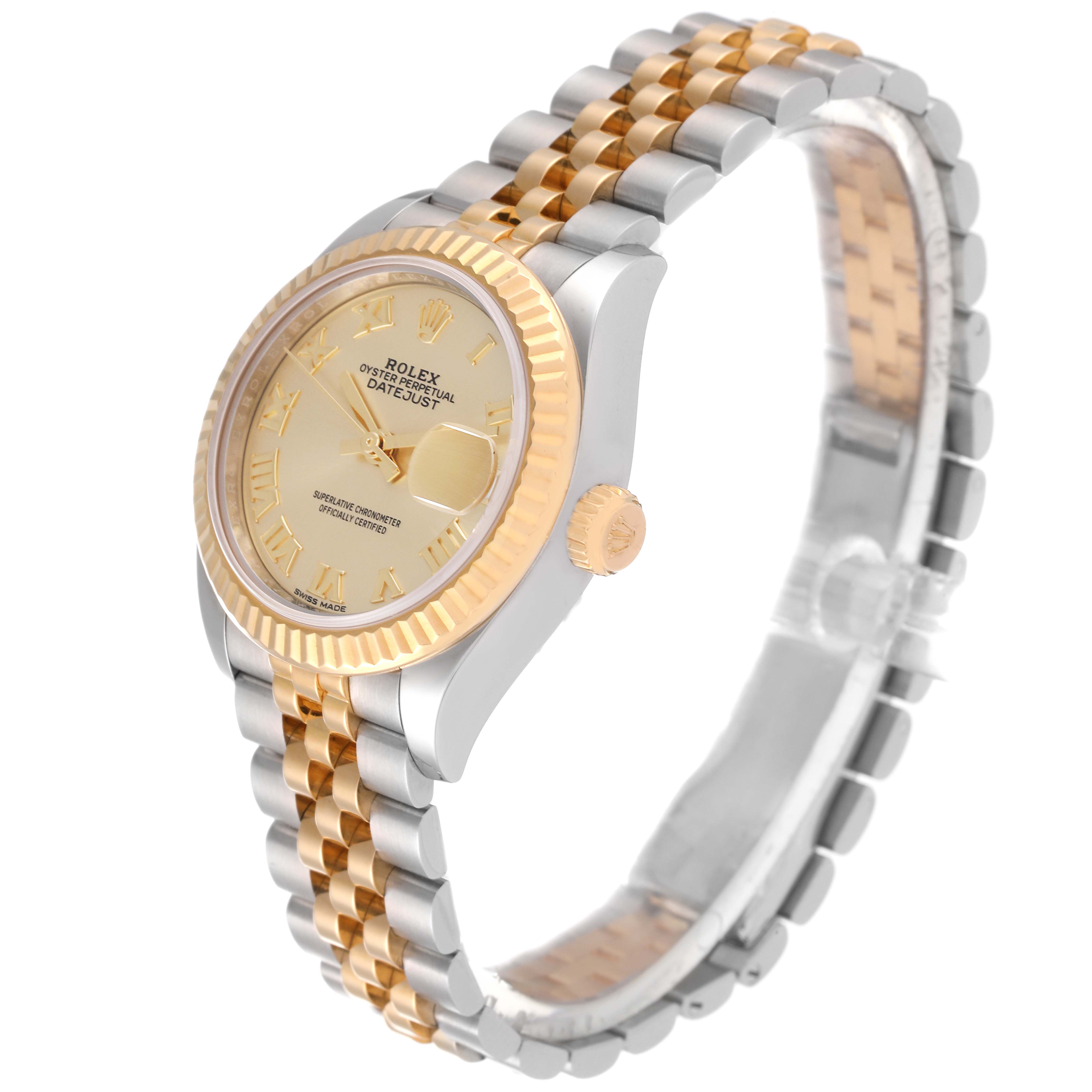 The image shows a side angle of a Rolex Datejust 279173 Women's Steel and Gold (two tone) Champagne Dial 279173 Women's Steel and Gold (two tone) Champagne Dial, highlighting the fluted bezel and two-tone jubilee bracelet.
